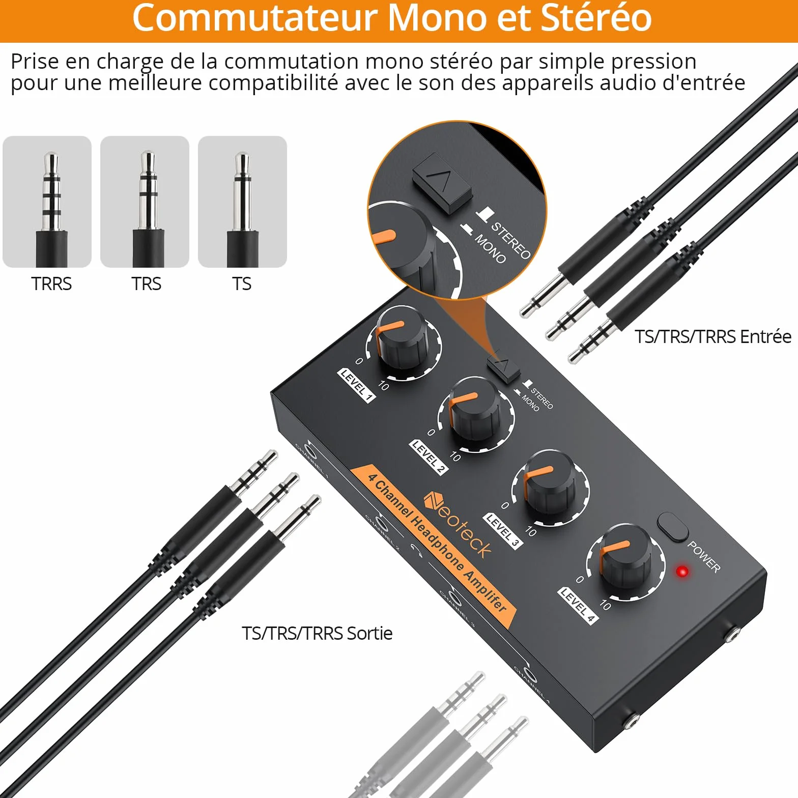 Neoteck Amplificateur de Casque Stéréo à 4 Canaux avec Commandes de Volume Amplificateur Audio en Métal Mono/Stéréo à 4 Canaux avec Câble Audio de 3,5 Mm pour Petits Groupes Club Bar Stage Mixer