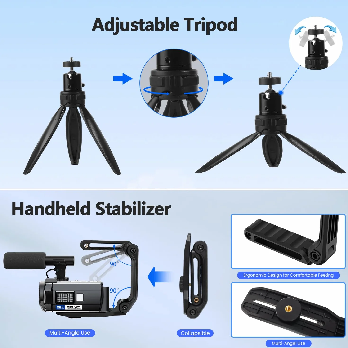 Caméscope 5K 56MP Vidéocaméra YouTube avec Microphone Trépied Stabilisateur, Vision Nocturne WiFi, Zoom 16X, Carte SD 64GB, 2 Batteries