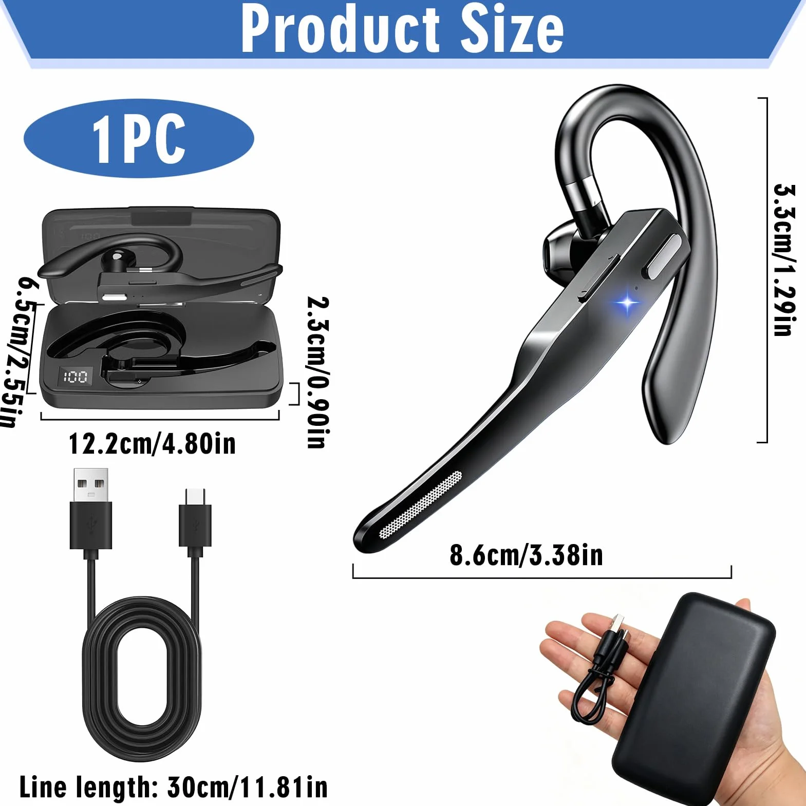 Oreillette Bluetooth sans Fil 6.1 avec Boîtier de Chargement 500 mAh, Kit Main Libres Bluetooth avec Dual Mic CVC8.0, Écouteurs sans Fil Casques Mono Légère pour Conduite/Bureau/Affaires