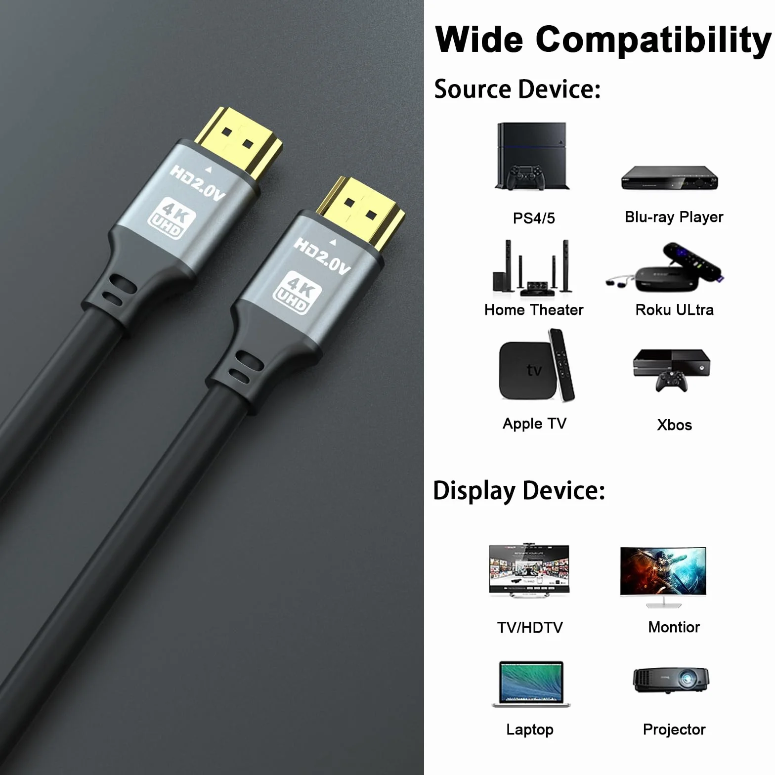 Câble HDMI 2.0 Haute Vitesse 10m 4K@60Hz 18Gbps Ultra HD Ethernet Audio Retour HDR
