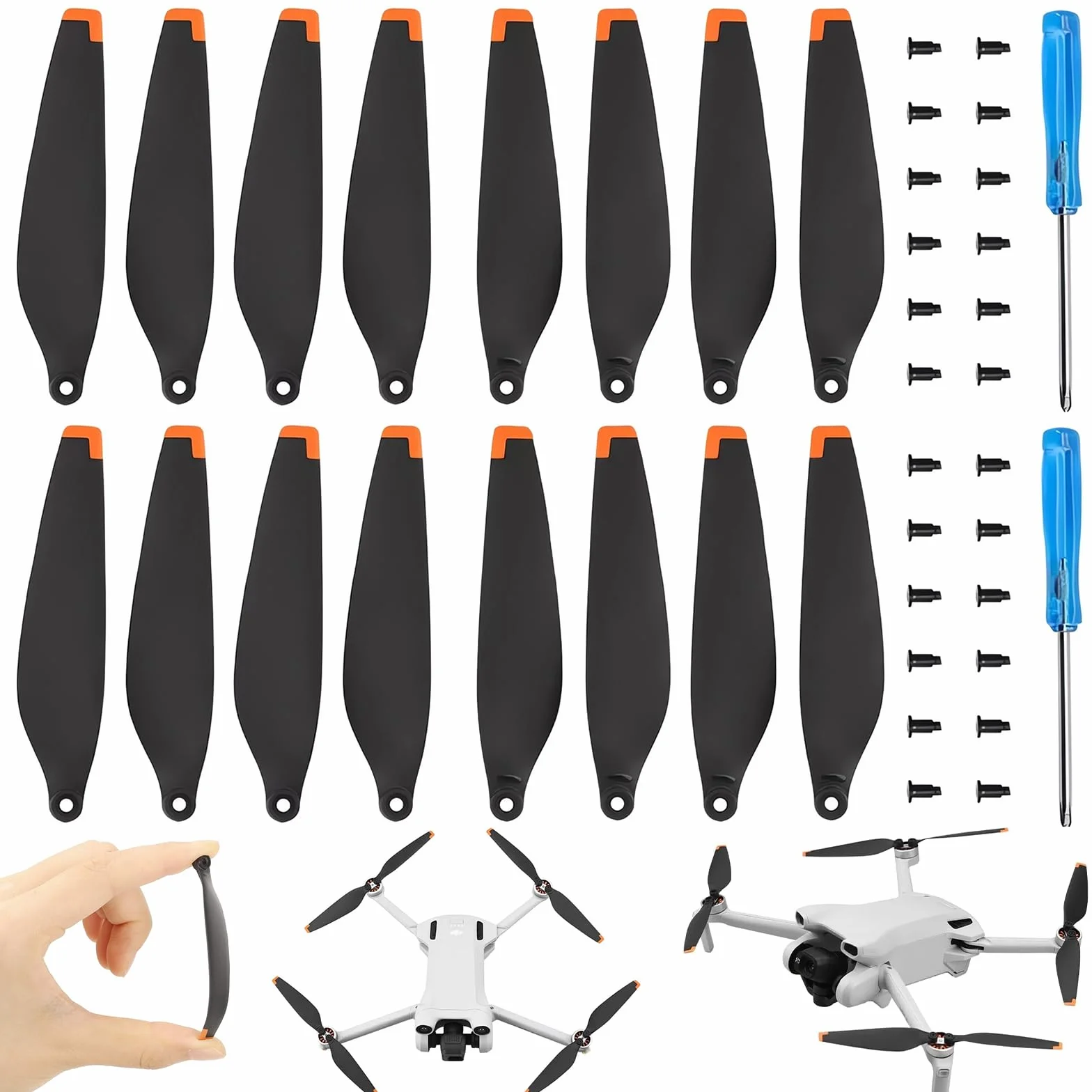 16 Lame D'hélice à Faible Bruit Accessoire pour Drone Hélices Remplacement avec 2 Tournevis et 24 Vis Compatibles avec Les ModèLes Mini 3,Mini 3 Pro et Mini 4 Pro