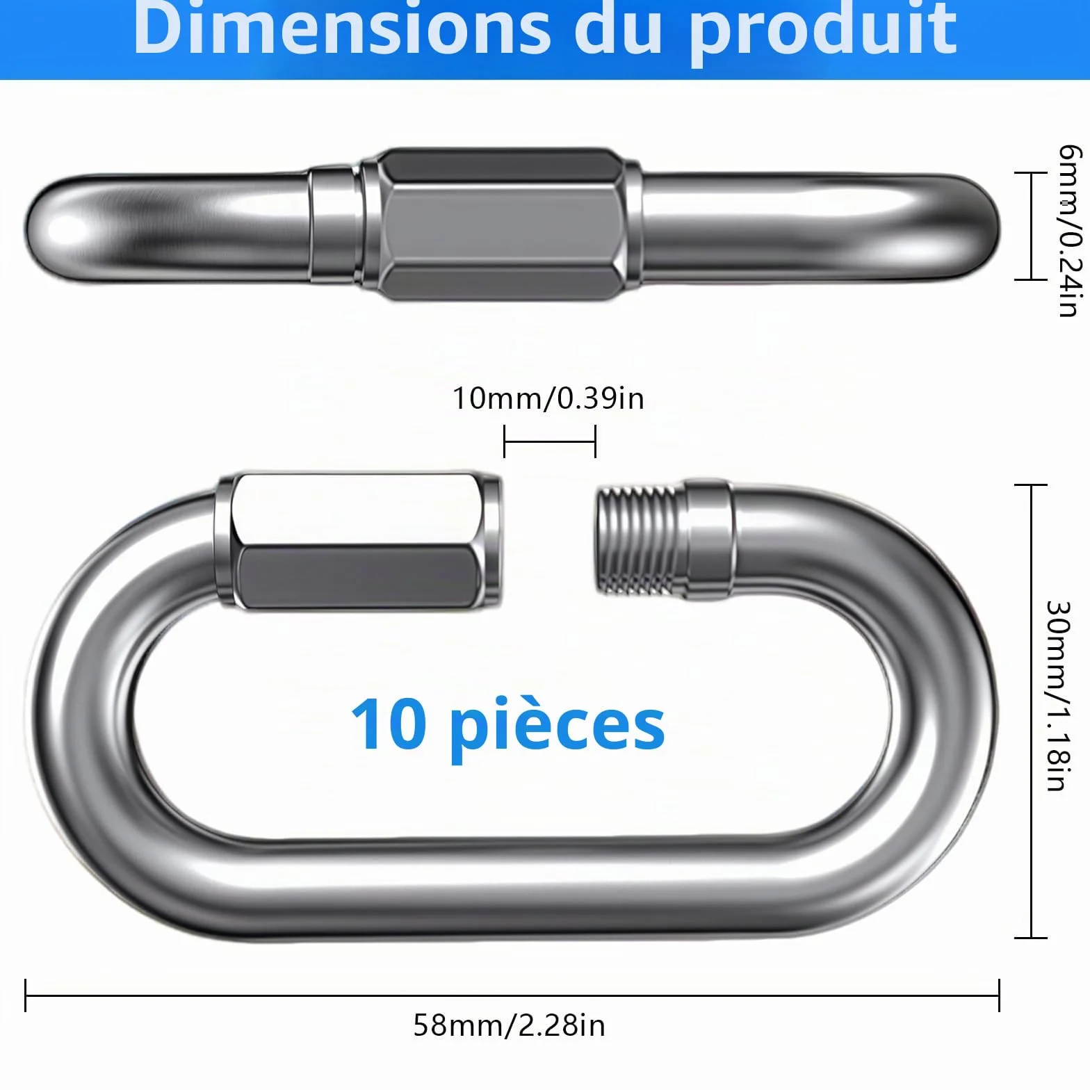 Maillon Rapide INOX M6, Mousqueton à Vis Inoxydable 304 pour Camping Randonnée