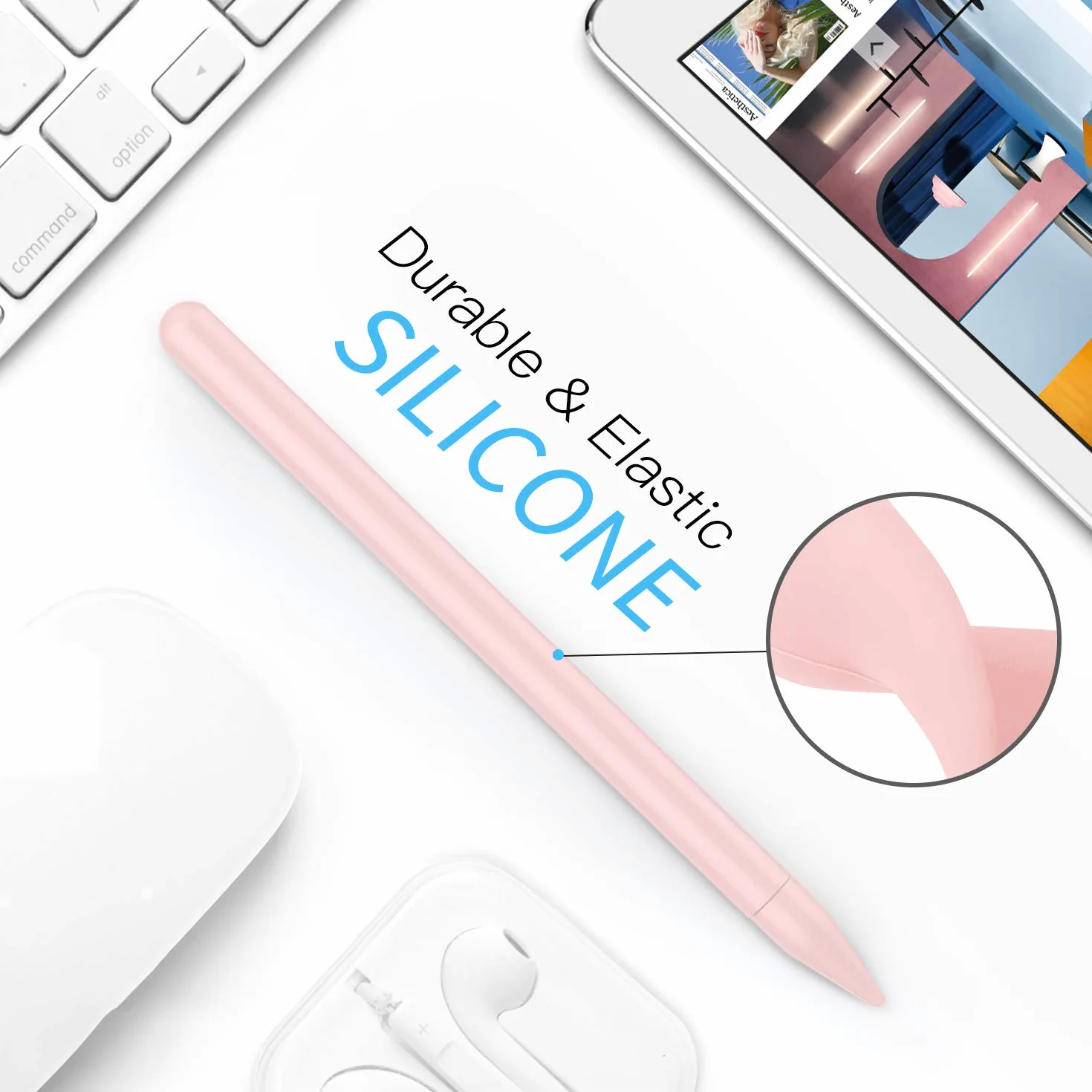 Moko Coque Compatible avec iPad iPencil 2e Génération, Étui Housse de Protection pour Stylet en Silicone, Cover de Stylet avec Pointes de Rechange et Clip Intégré - Rose Clair
