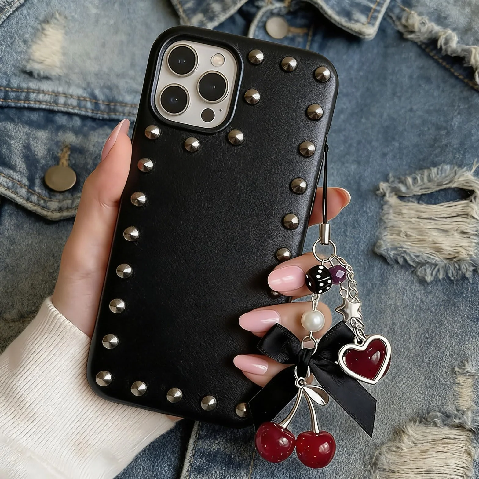 Kurze Handykette avec Charme Cerise – Breloque de téléphone Mignon en Noir comme chaîne Courte décorative pour Smartphone et clés