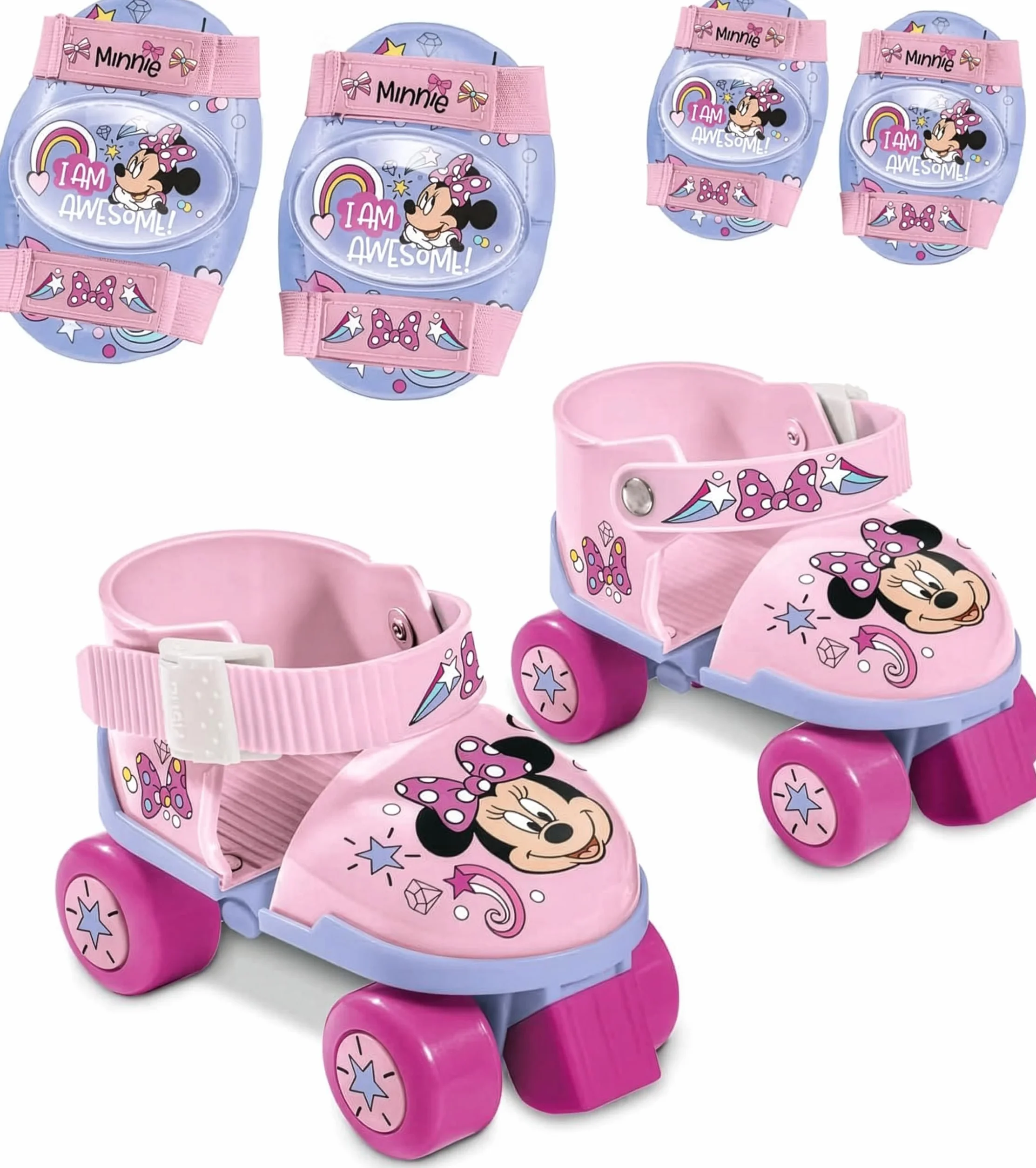 Patins à roulettes réglables Minnie Disney Taille 22-29 avec Sac Transparent, Coudières et Genouillères