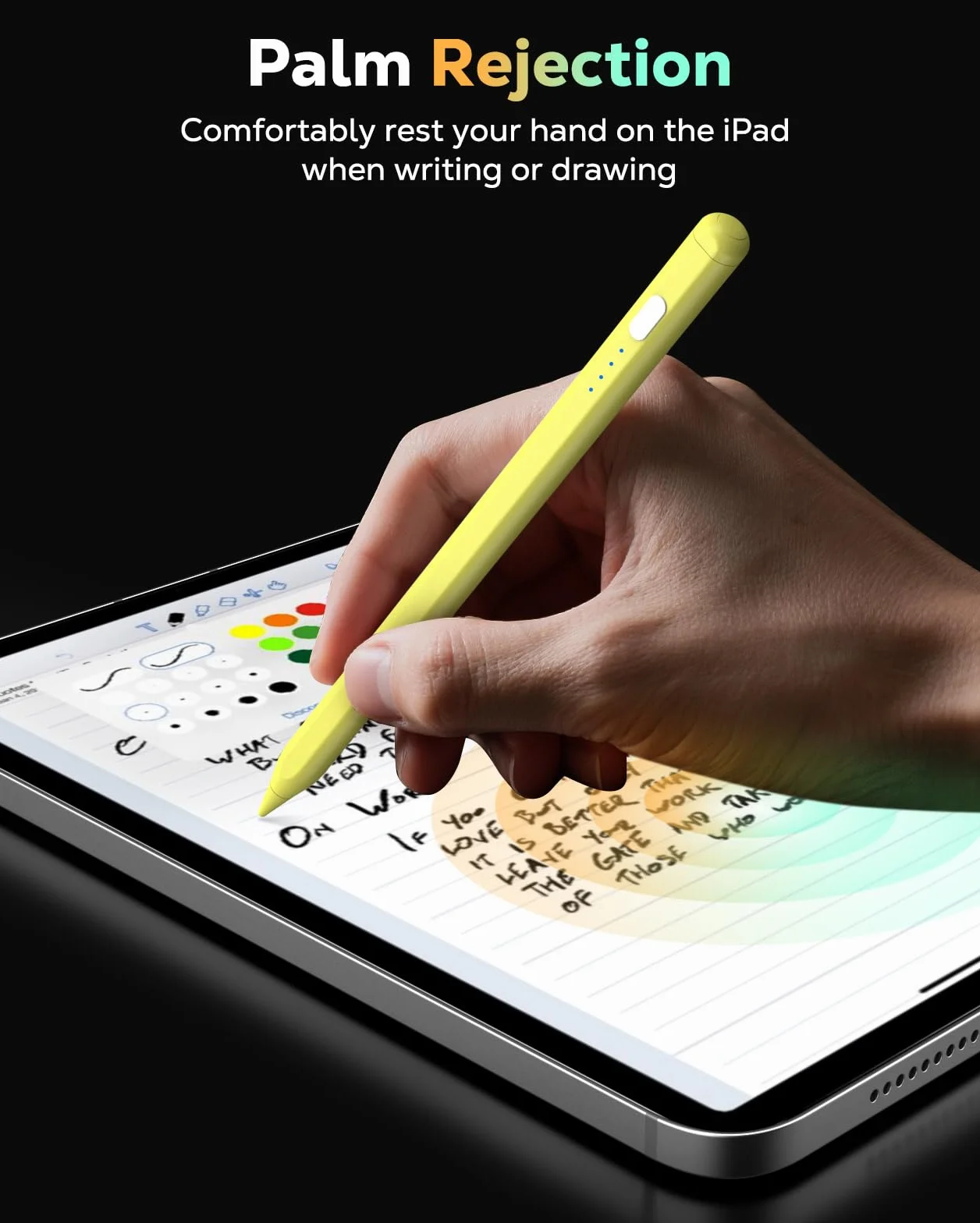 MoKo Pencil pour iPad (A16) 11e 10e 9e Gen, Stylet pour 2018-2026 Apple iPad 11-6, Mini 7-5, Air M3/M2 11"/13"/5/4/3, Pro M4 13"/12,9"/11" Sensibilité à L'Inclinaison,Chargement Rapide USB-C, Jaune