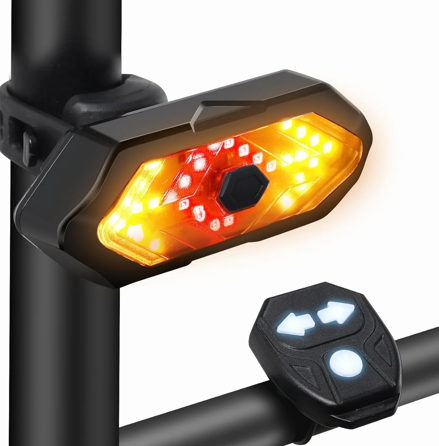 EBUYFIRE Feu Arrière Vélo avec Clignotants et Télécommande - 5 Modes LED, IPX4 Étanche, USB Rechargeable, Klaxon Intégré, Montage Universel
