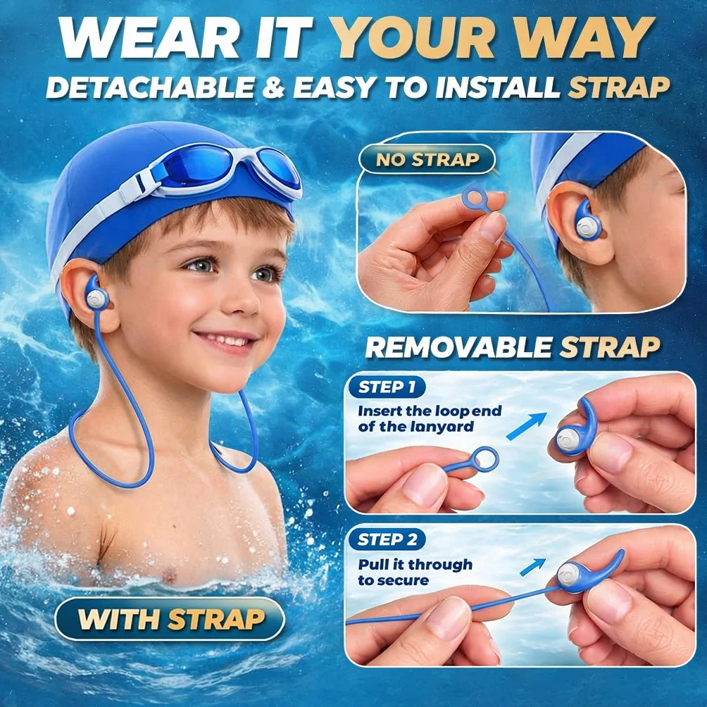 Bouchons d’Oreille Natation Enfant 4-12 Ans 3 Paires Silicone Étanche Cordon Amovible Réutilisables