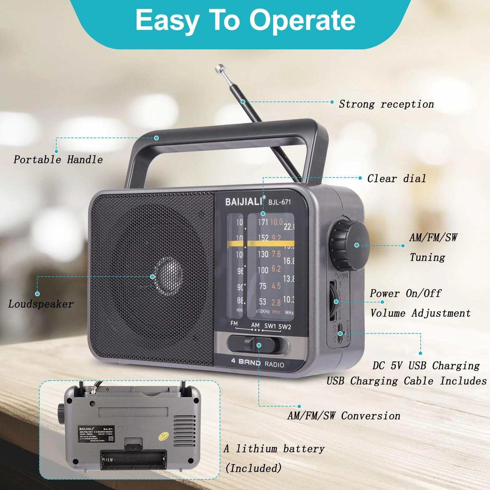 Radio Portable AM/FM avec Haut-Parleur Puissant - Poste Radio à Piles ou USB - Transistor Radio Compact de Survie pour la Maison, Extérieur, Voyage et Intempéries (Modèle BJL-671)