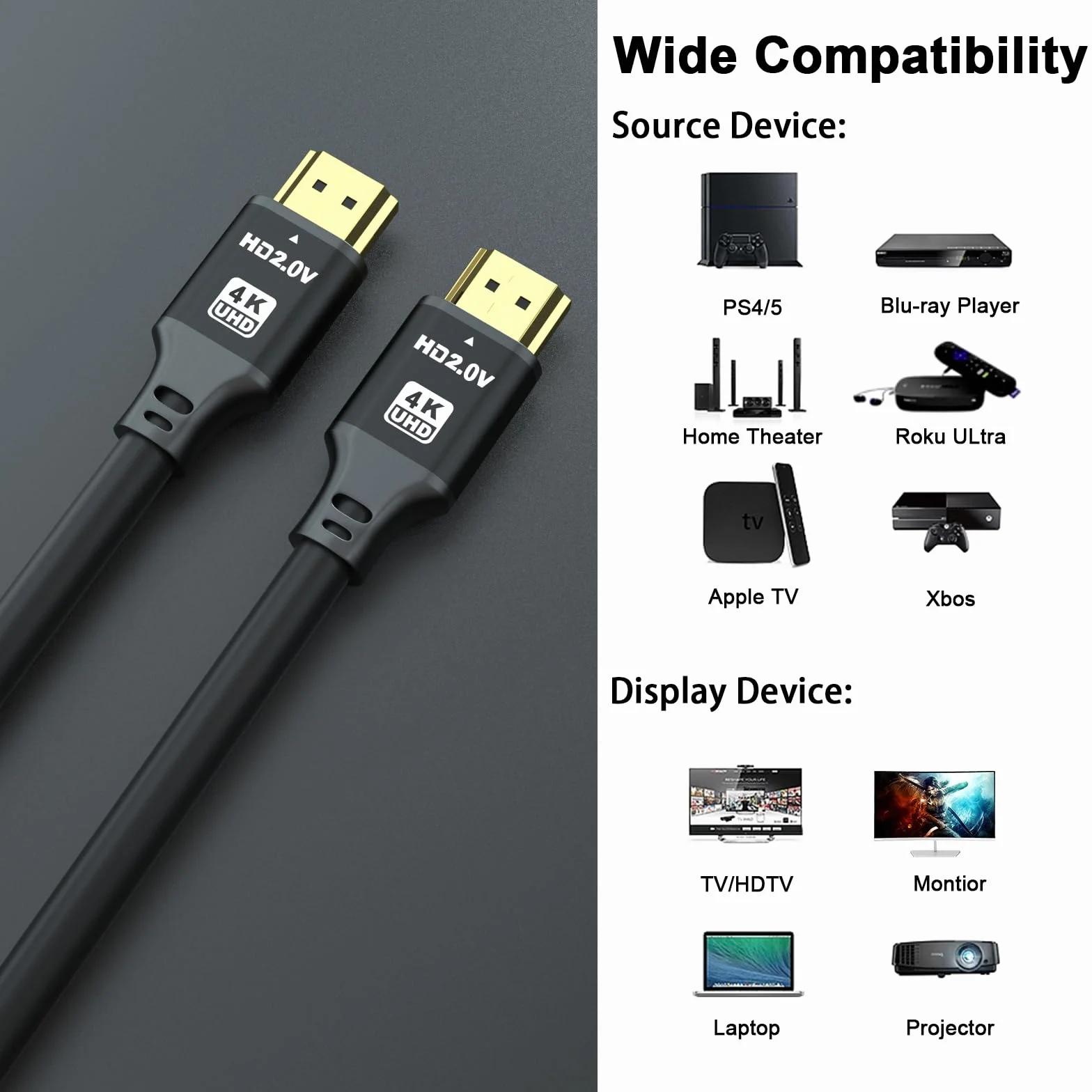 charlore Câble HDMI 12m (HDMI 2.0, 18 Gbit/s 4K@60Hz) Connecteurs plaqués or ultra haut débit, compatible avec Blu-Ray, Playstation, Ordinateur Portable, PS34/5, PC, HDTV