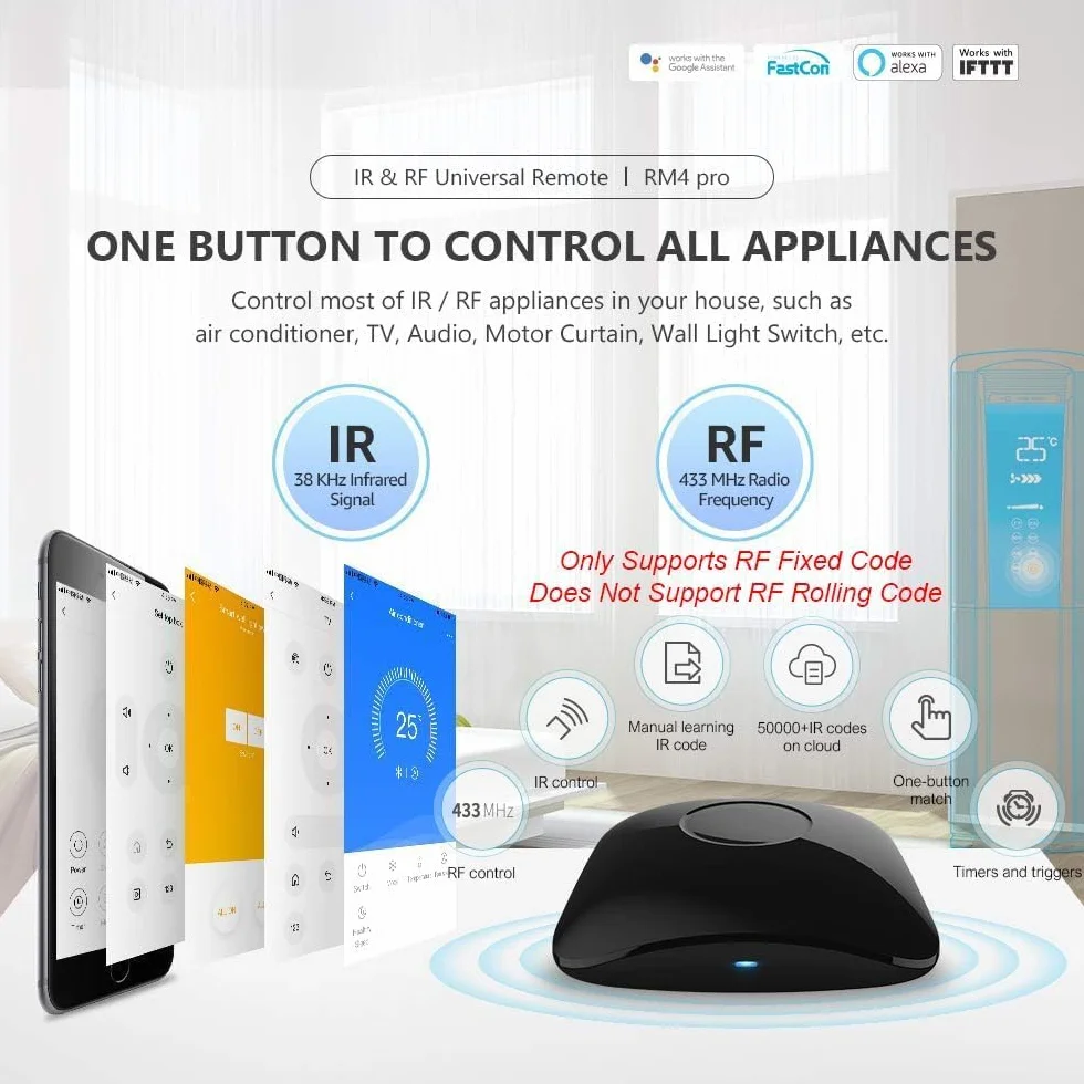 BroadLink RM4 Pro Télécommande Universelle IR/RF (Wi-FI 2.4GHz), Codes d’Apprentissage pour Maison Intelligente, TV, STB, AC, Rideaux, Compatible Alexa