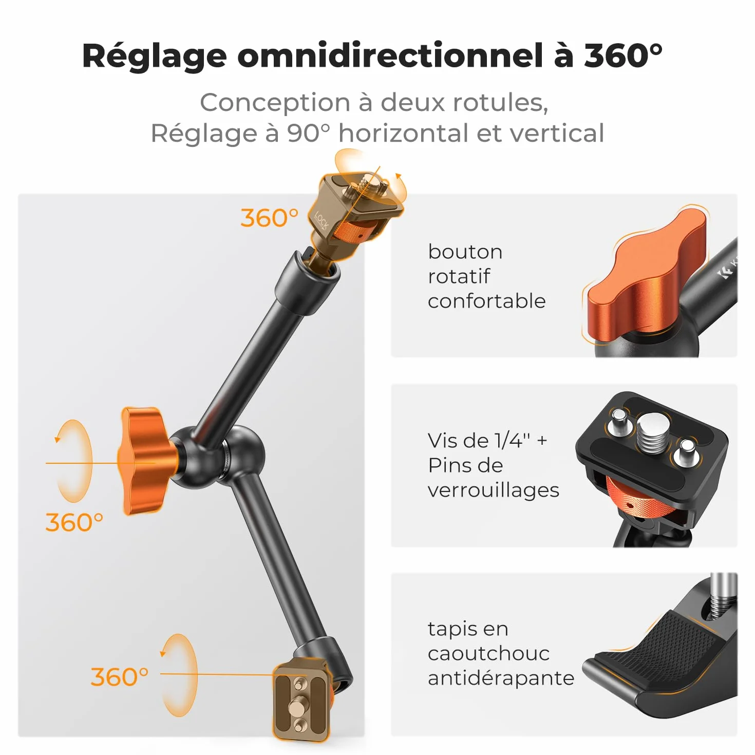 K&F CONCEPT Bras Magique 11 Pouce avec Pince Super Clamp et Vis 1/4'' 3/8'', Support Articulé Réglable pour Moniteur, Appareil Photo, Lumière LED, Microphone, Trépied Vidéo