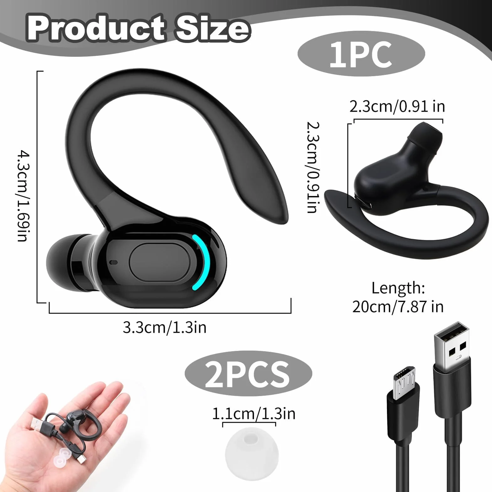 Oreillette Bluetooth sans Fil Mono, Écouteur Mono avec Micro Intégré, Kit Main Libre Professionnel avec Micro à ecouteurs de Bruit pour iPhone Android PC, Bureau, Conduite, Sport, oreillette Tour 360°
