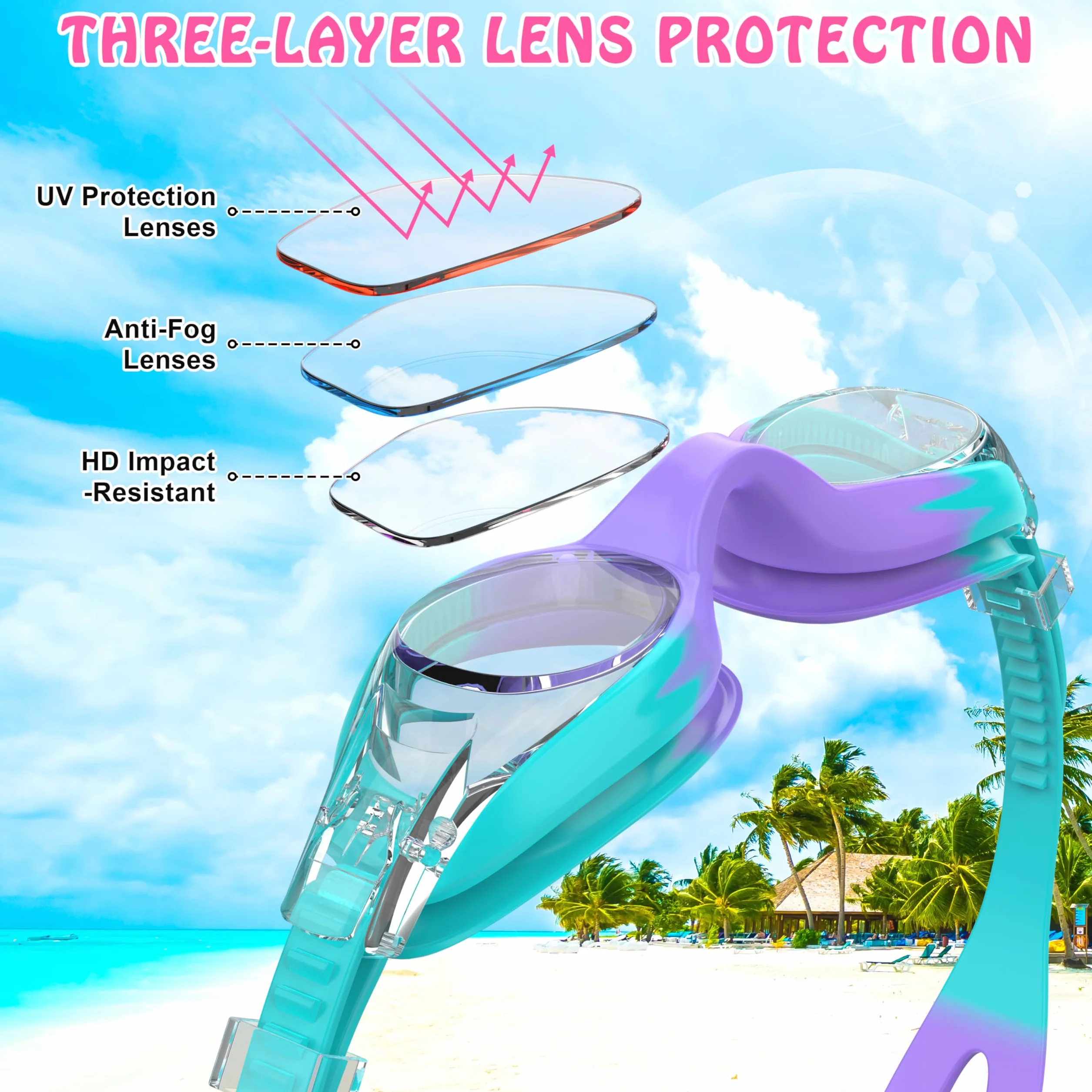 Lunette Piscine Enfant 2 Pcs Anti-Buée Protection UV Silicone 3-12 Ans