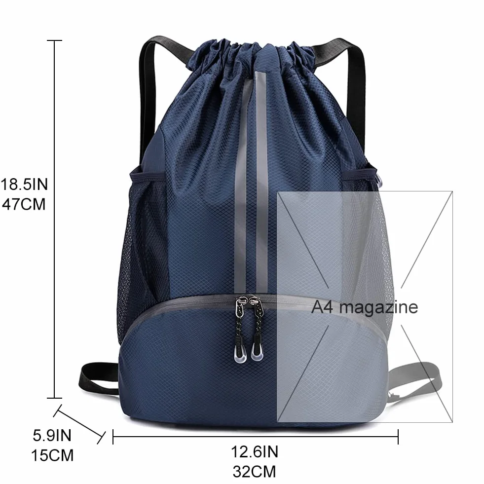 Veki Sac à Dos avec Cordon pour Homme Femme, Sac de Sport avec Compartiment Chaussures et Poche Humide, Bleu