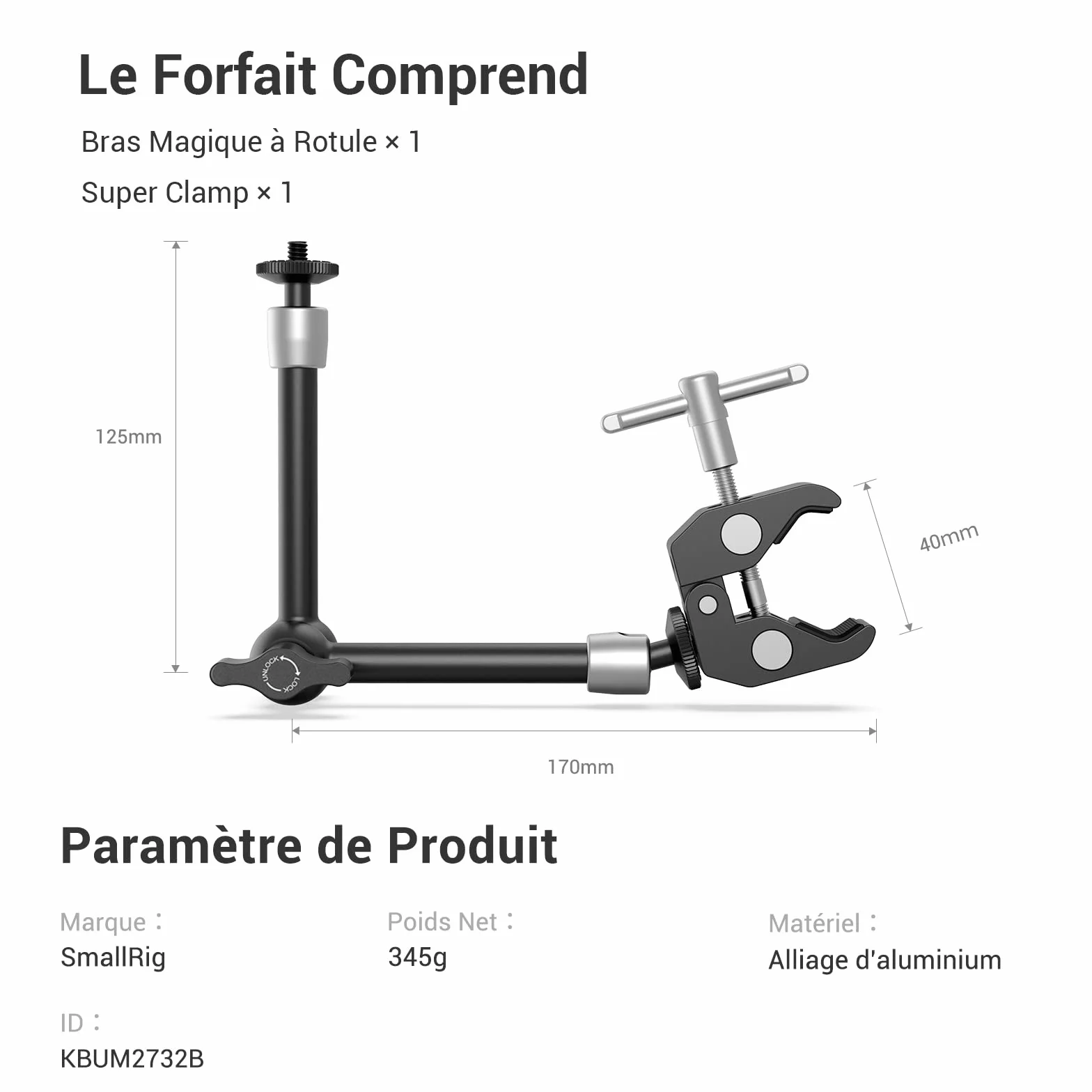 SMALLRIG Super Clamp et Bras Magique Articulé à Friction Réglable de 10 Pouces avec Vis 1/4" pour Moniteur LCD/Lumières LED - 2732B