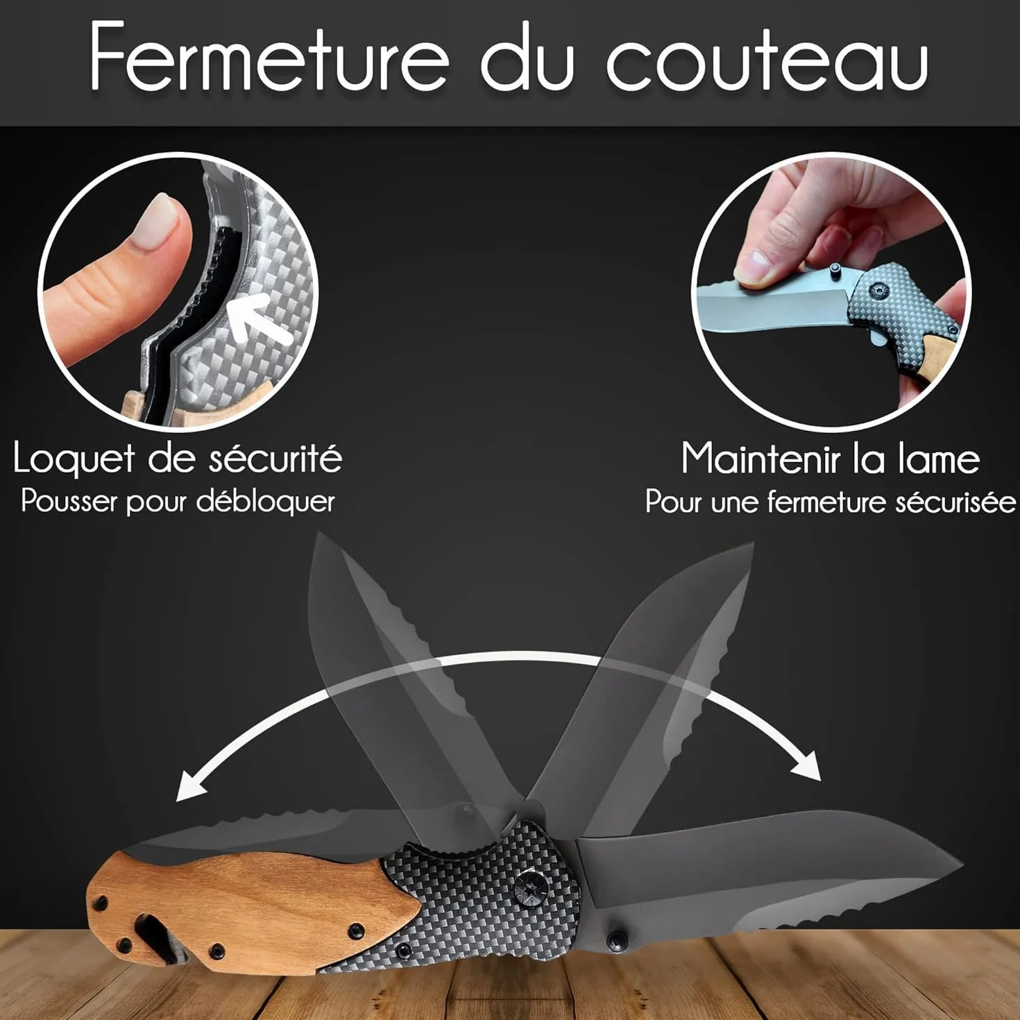 Couteau de survie personnalisé gravé avec prénom - Lame sécurité personnalisable - Manche en bois - Effet carbone - Cadeau Saint-Valentin homme