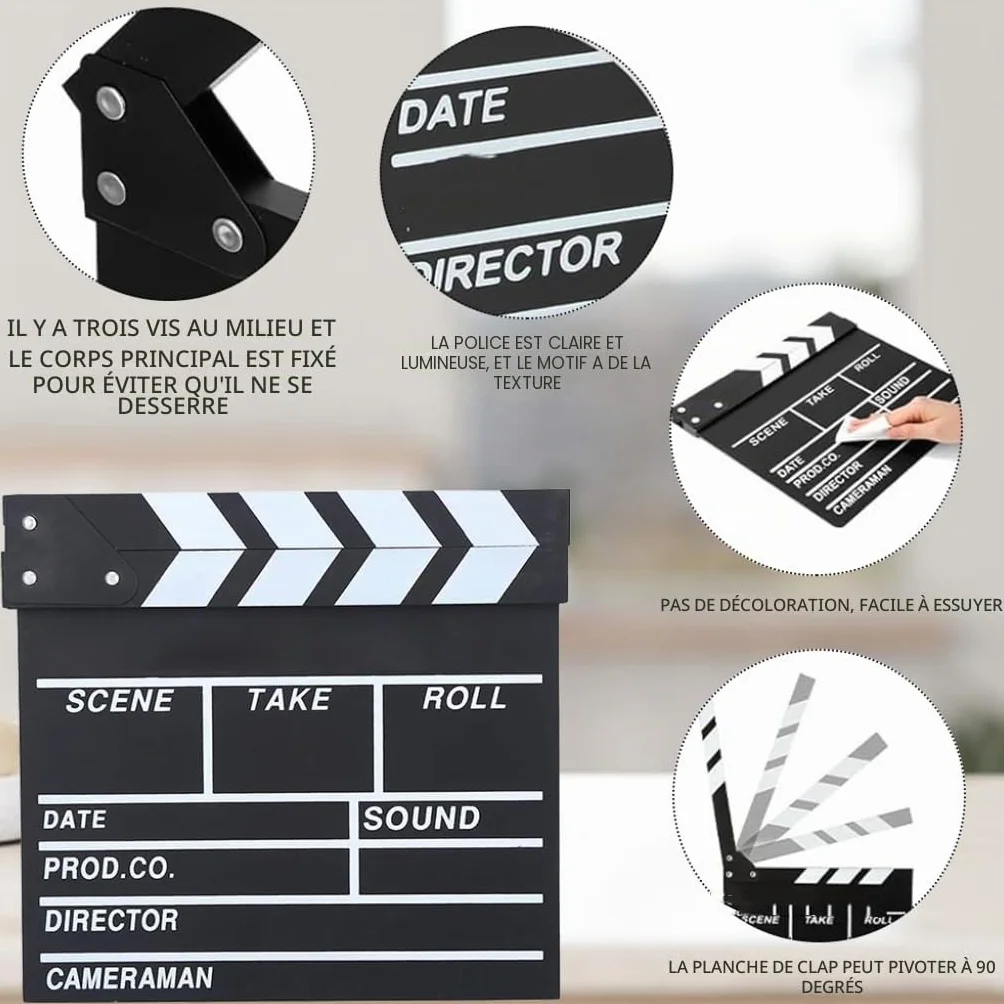 Rabat de Film - 20 x 20 cm - Director Flap Synchronous Flap - pour Film Acrylique - pour Film, séries TV, Accessoires de Prise de Vue, commerciaux (Noir - 1 pièce)