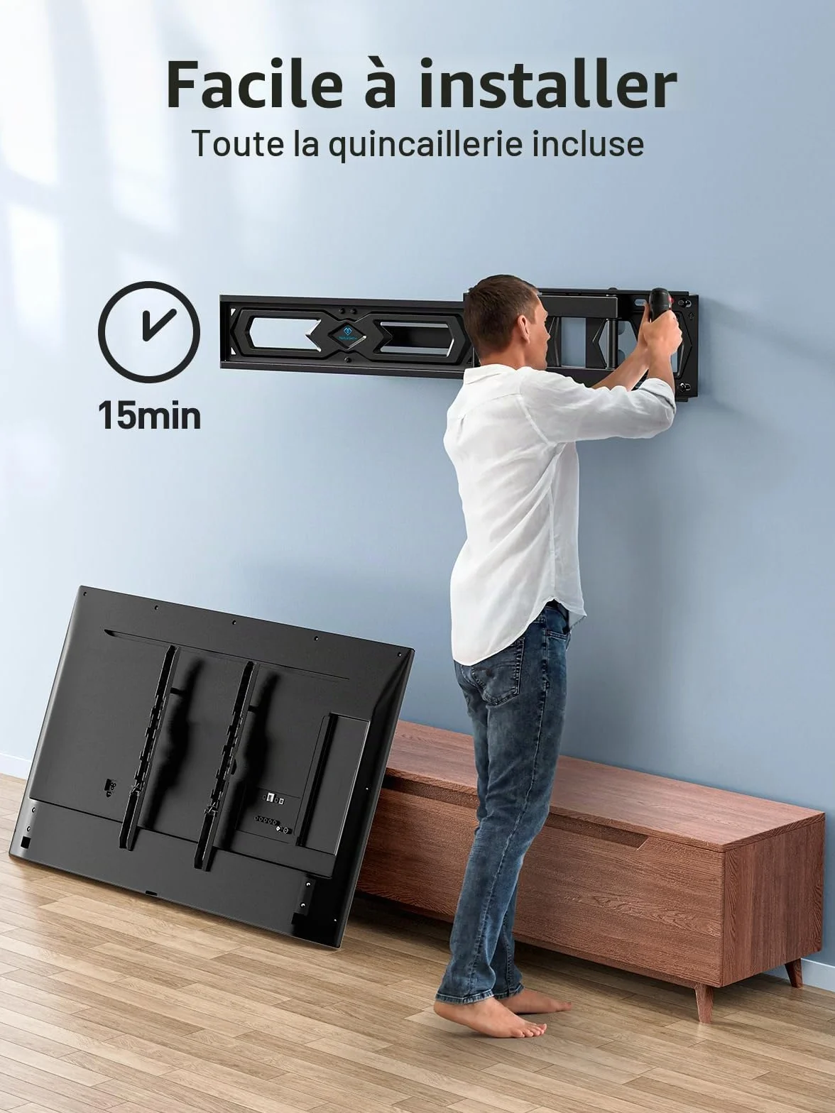 PERLESMITH Support Mural TV, pour 26-60 Pouces (66-152 cm) Télévision Jusqu'à 40kg, Fixation TV Murale Orientable et Inclinable 50 55 Pouces, Max VESA 400x400mm PSMFK10