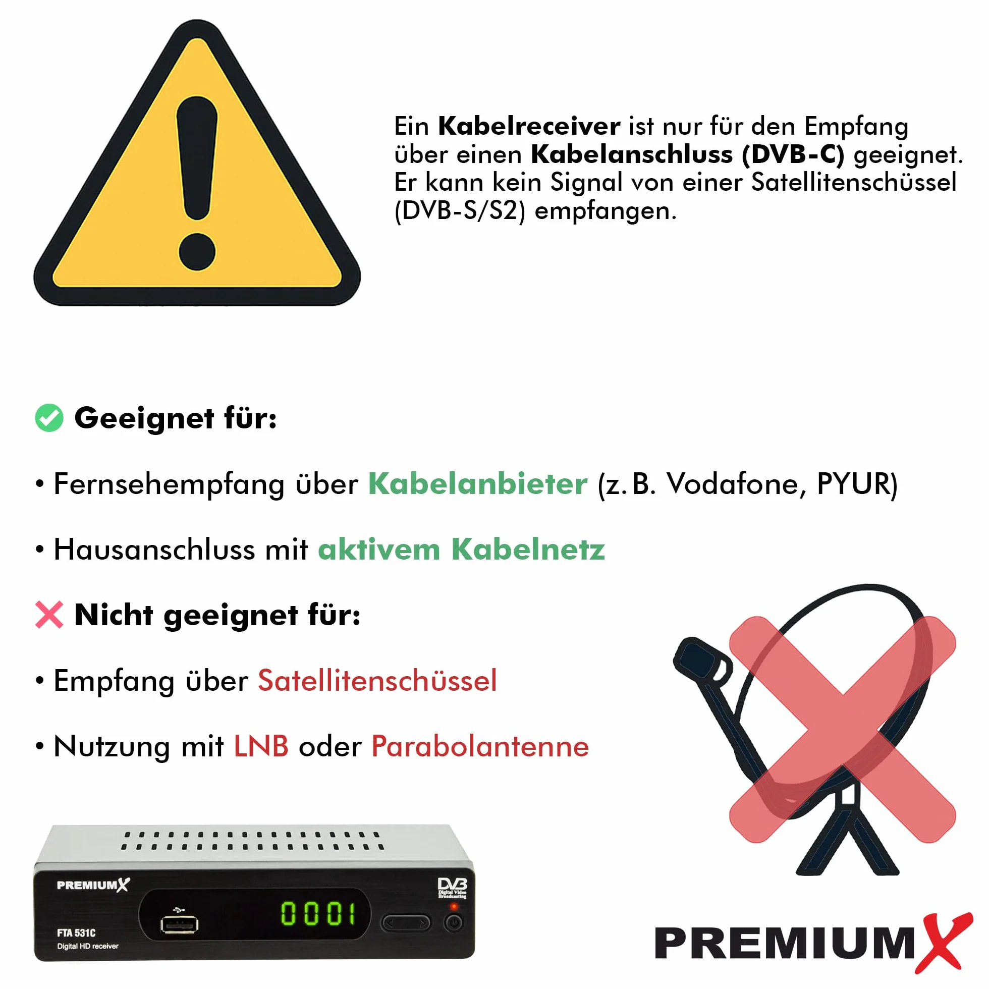 Premium X Récepteur câble DVB-C FTA 531C Digital FullHD SCART HDMI USB Media Player Récepteur TV TV par câble