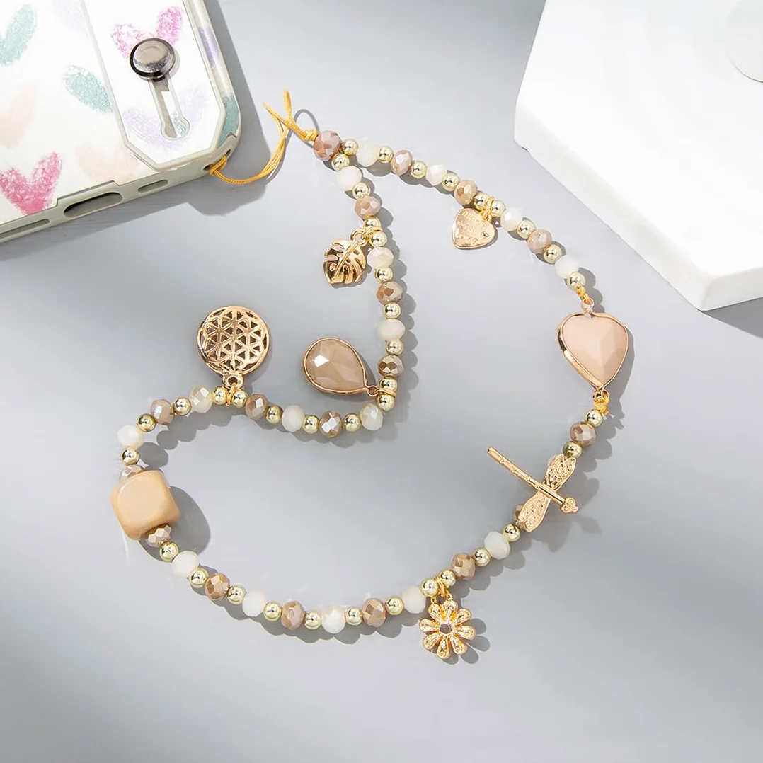 Cordon de téléphone Portable avec Bijou et dragonne en Cristal Beige Anti-Perte - étui Pendentif chaîne, 1 pièce.