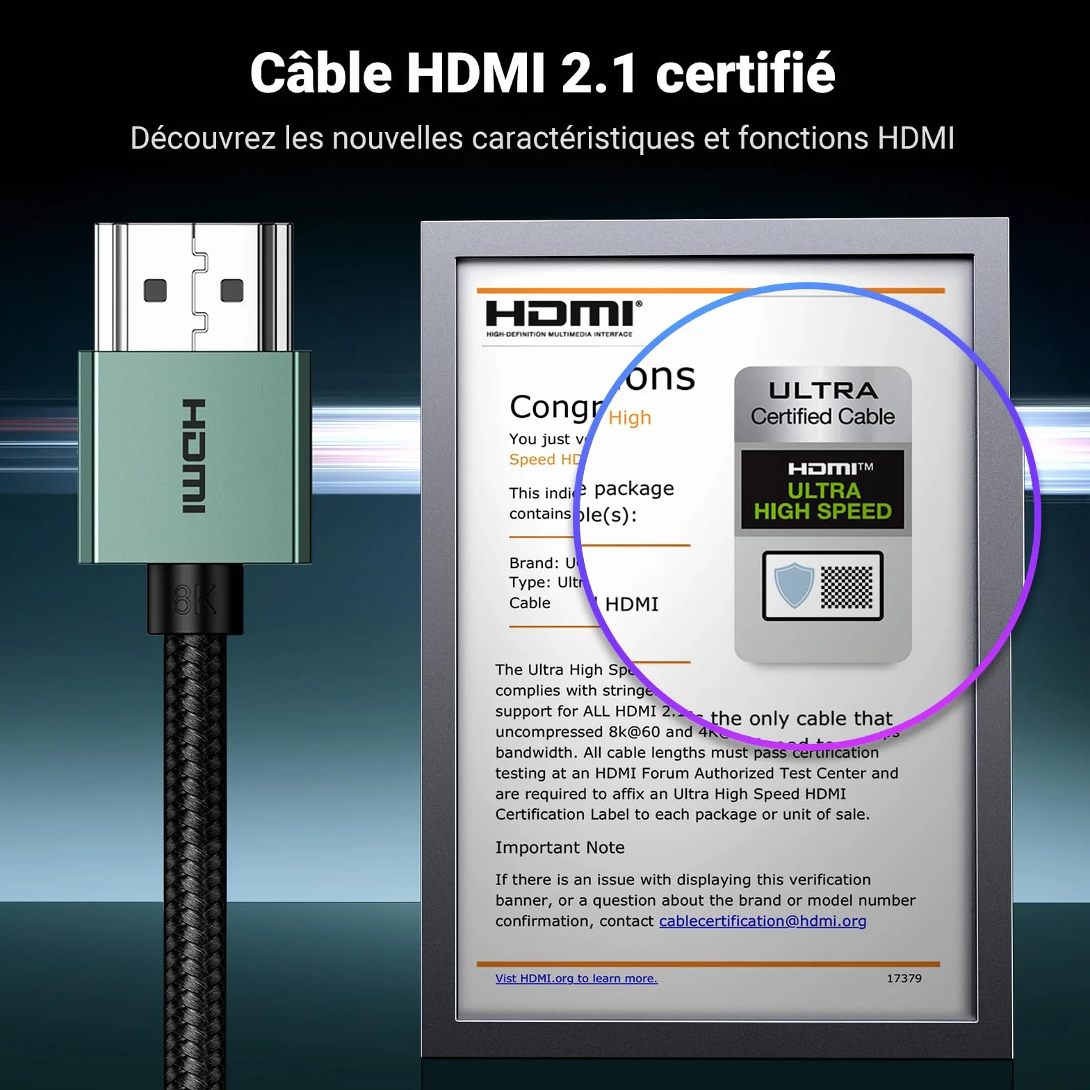 UGREEN Câble HDMI 2.1 Certifié 8K 60Hz 4K 240Hz 48Gbps Aluminium 2M