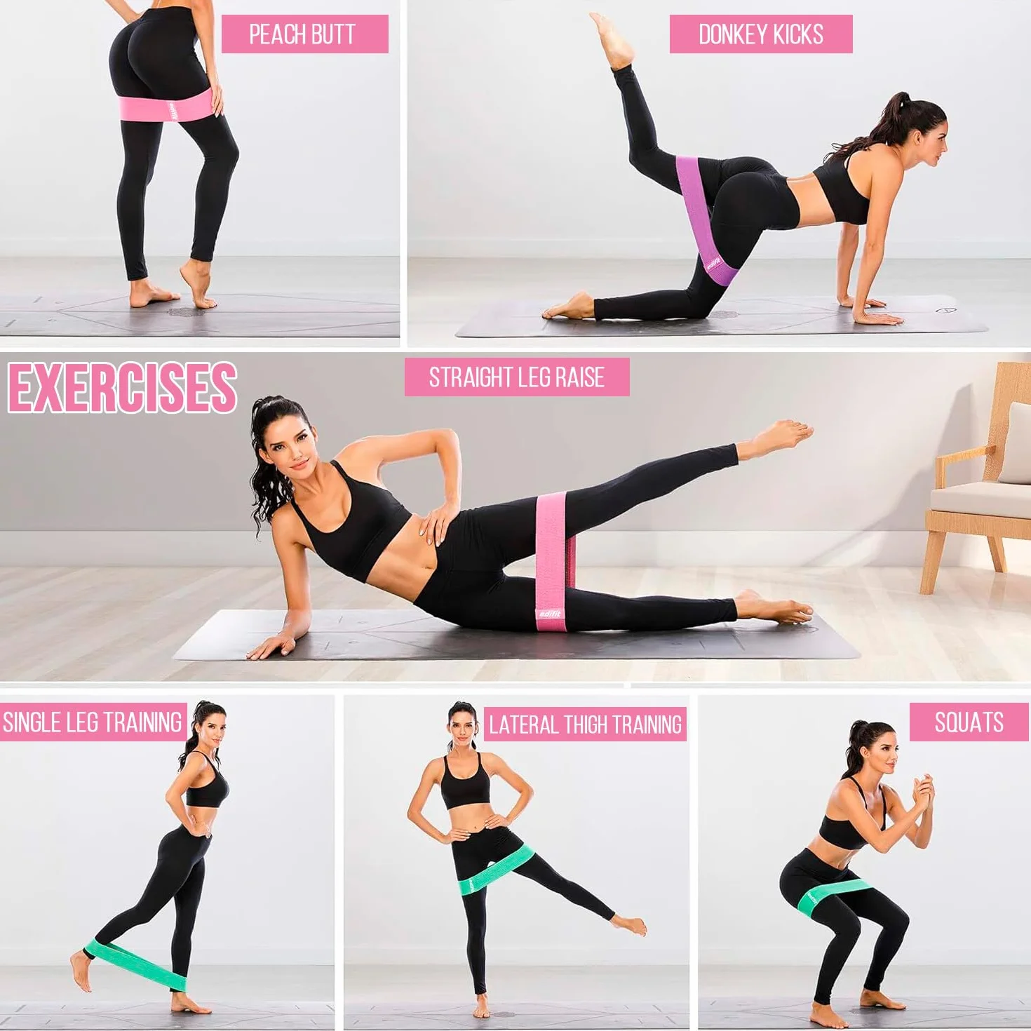Edifit Bandes Élastiques Musculation Anti-dérapantes Pack de 3 Résistance Fitness Gym Yoga