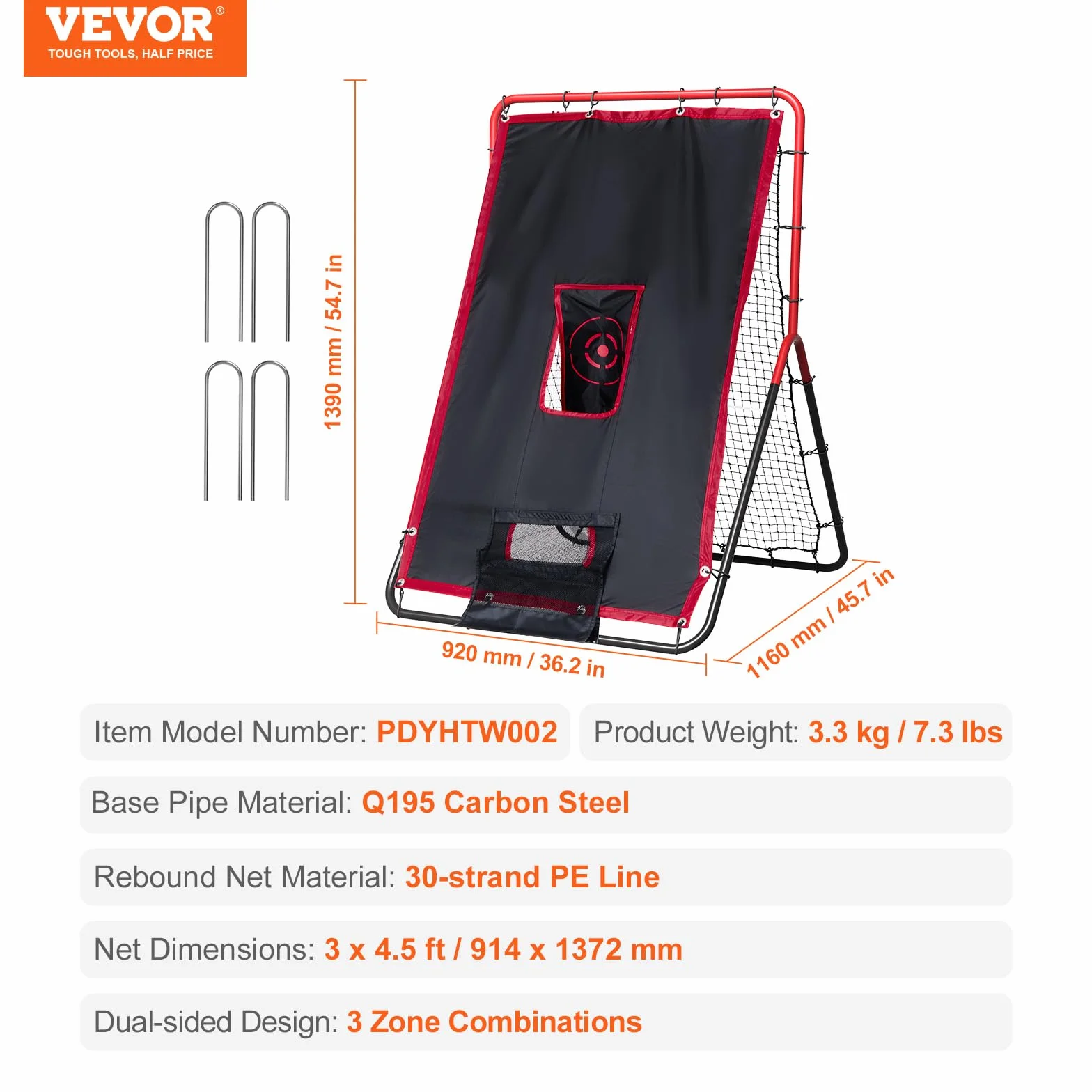 VEVOR Filet de rebond baseball softball 914 x 1372 mm 2 en 1 entraîneur lanceur pratique terrain lancer