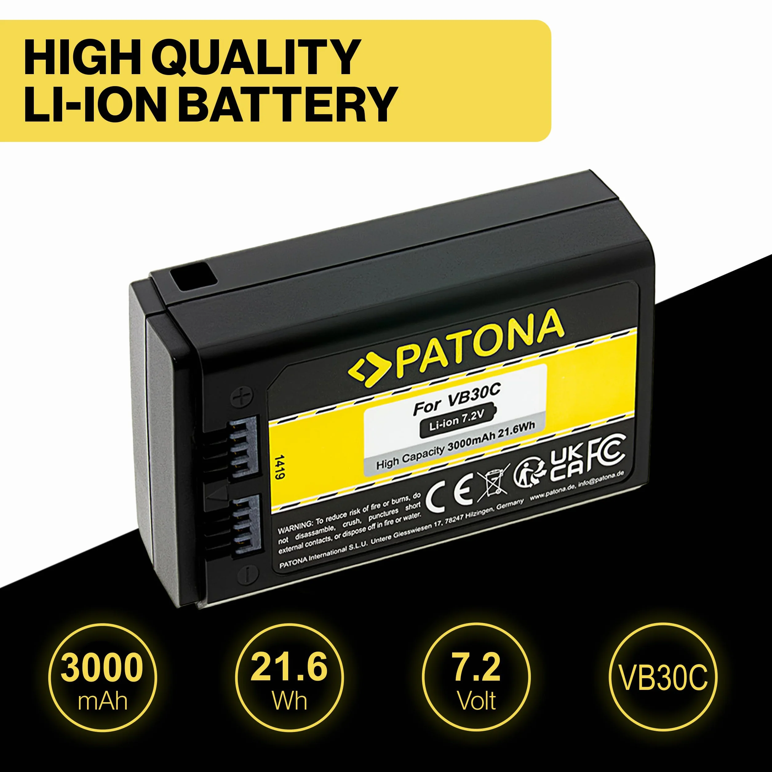PATONA Batterie VB30 Compatible avec Godox WB100 V1 Pro V850III Flash V860III AD100Pro | USB-C 7.2V 3000mAh Li-ION | Protection Contre la Surcharge et Les Courts-Circuits