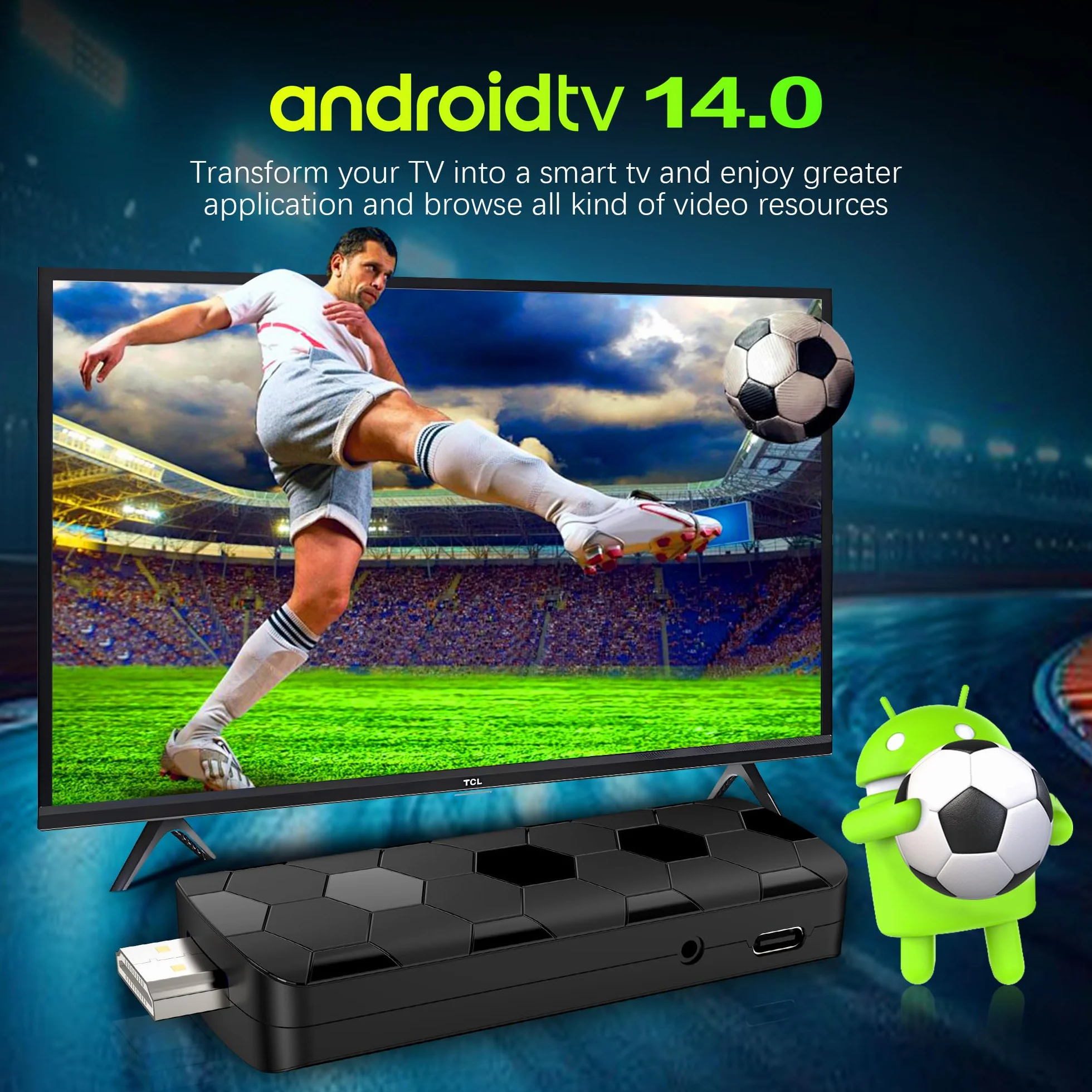 Android TV Stick 14.0, 2 Go RAM + 16 Go ROM, Puce RK3518, WiFi Double Bande 2,4G/5,8G, BT5.4, HDMI 2.0, 8K HD, Noir