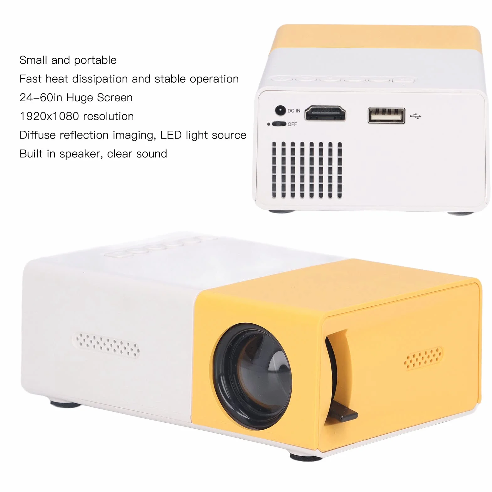 Mini Projecteur LED Portable 1080 HD pour Ordinateur, Consoles Jeux, Cinéma Maison 24-60 Pouces