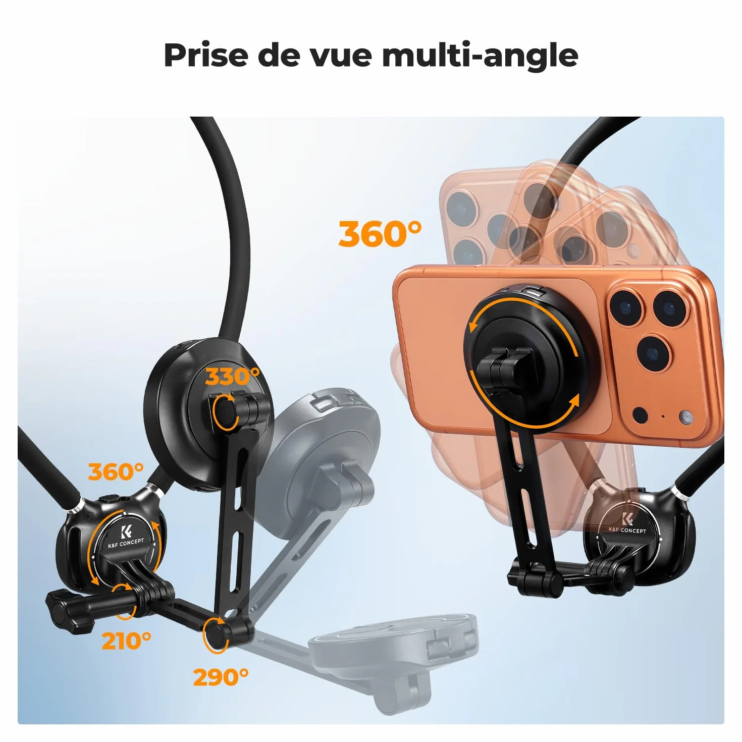 K&F CONCEPT 2 en 1 Support pour Cou Téléphone Portable Magnétique+Clip, POV/Vlog Porte Telephone Cou Compatible avec Les Téléphones Portables Magnétique iPhone 17 16 15 14 13 12 Series Android