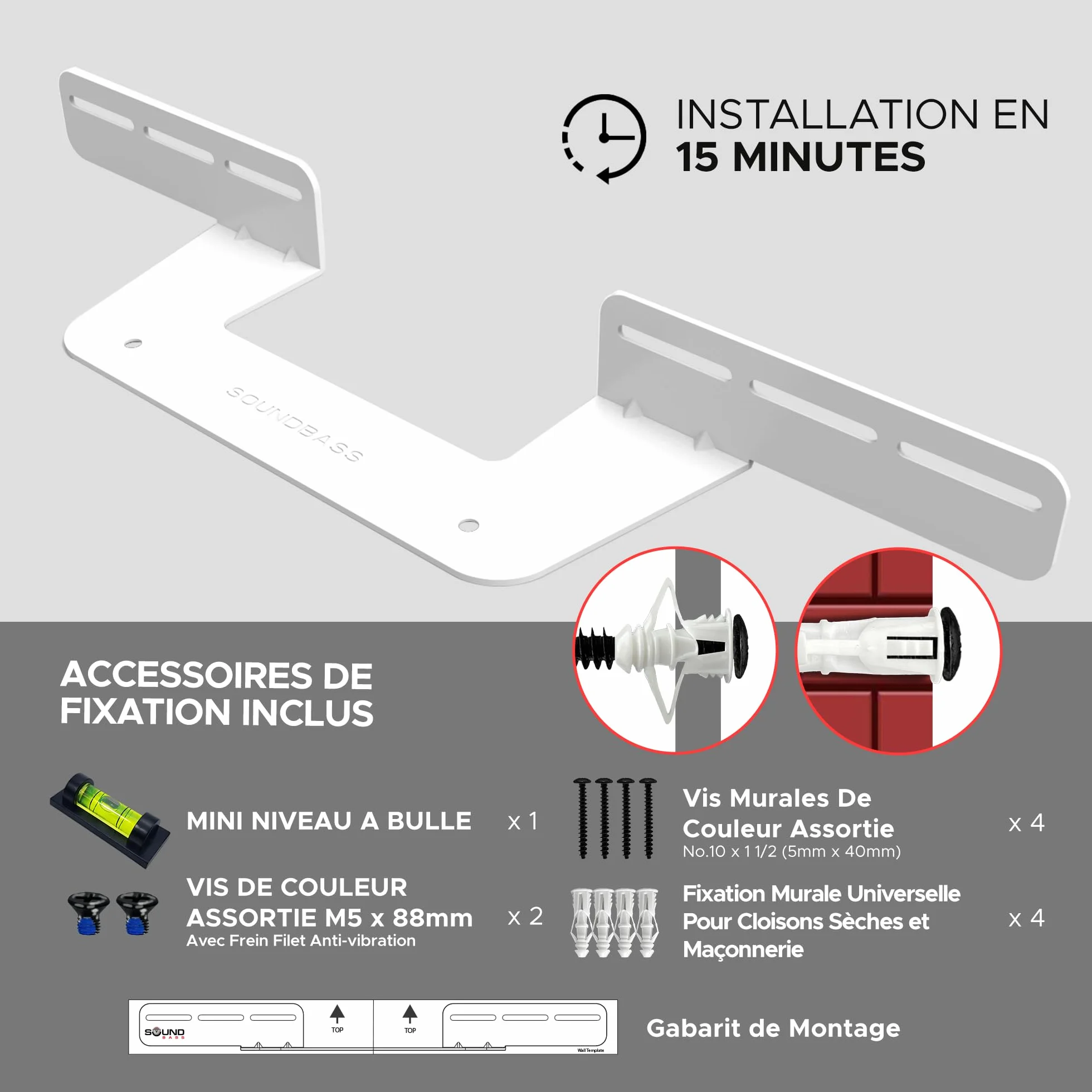Sound bass Support de Barre de Son pour Sonos Beam Compatible avec la Barre de Son Sonos Beam générations 1 et 2 Comprenant Tout Le matériel de Montage nécessaire, Support de Montage, Blanc