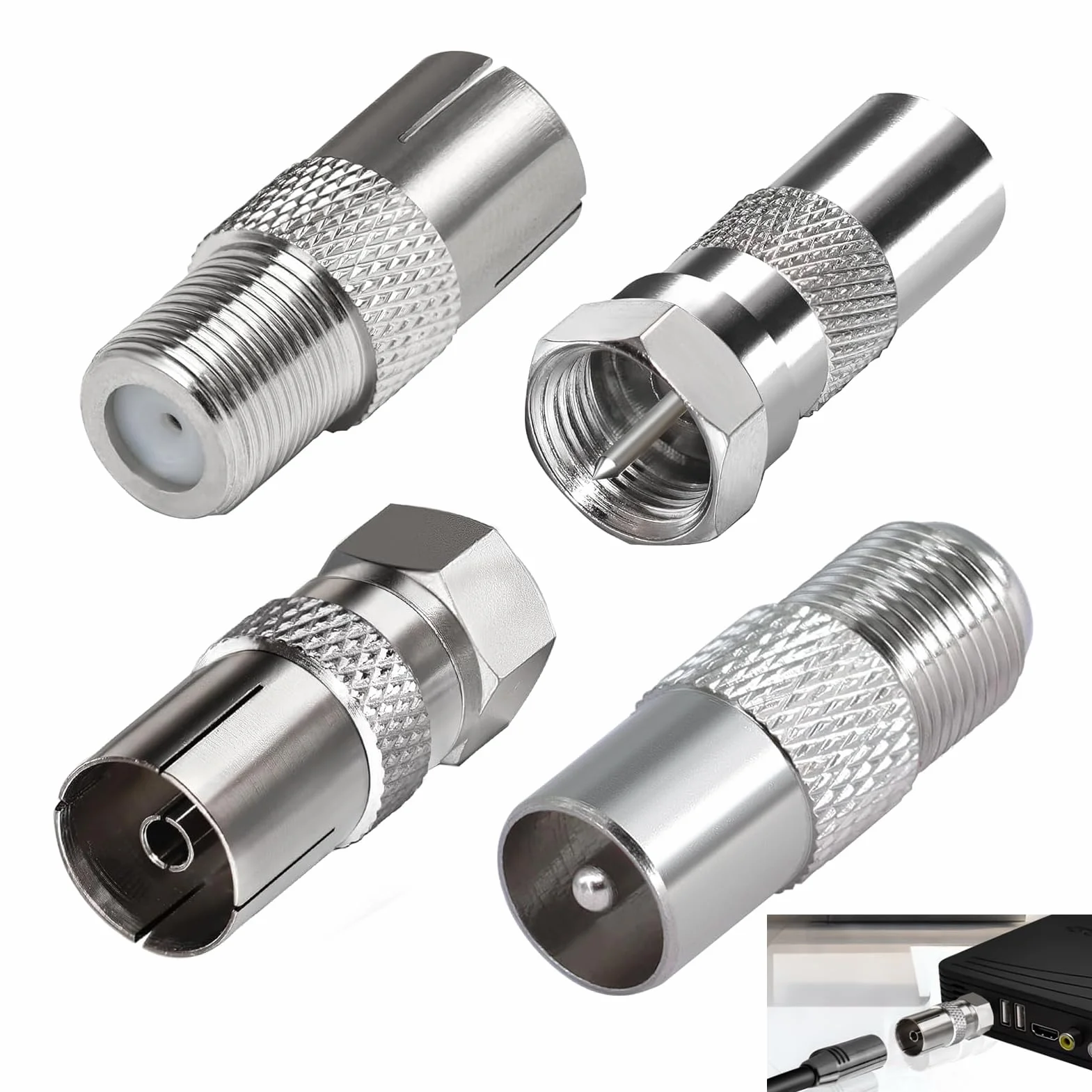 4 Pièces Adaptateur d’Antenne TV F Mâle vers Femelle, Adaptateur Coaxial TV, Connecteur Coaxial RF Nickelé pour Câble Satellite TNT Modem Routeur Récepteur, Raccord Antenne Murale Audio Vidéo