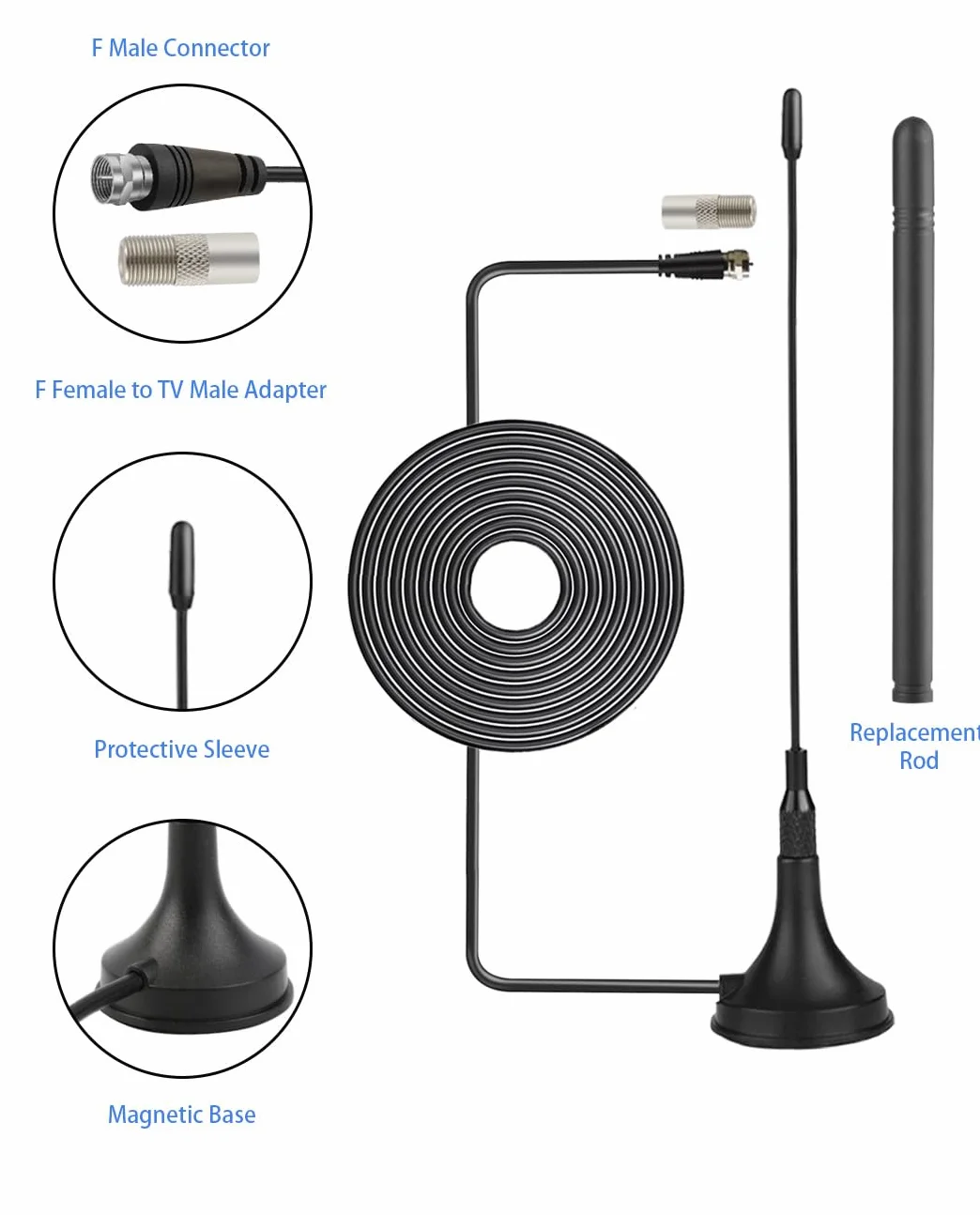 Vecys Mini DVB-T Antenne Intérieur 2 dBi avec Base Magnétique Antenne TV Intérieure Amplifiée 50 Miles RG174 Câble Coaxial de 3m/9.84ft pour Appareils DVD DVB-T