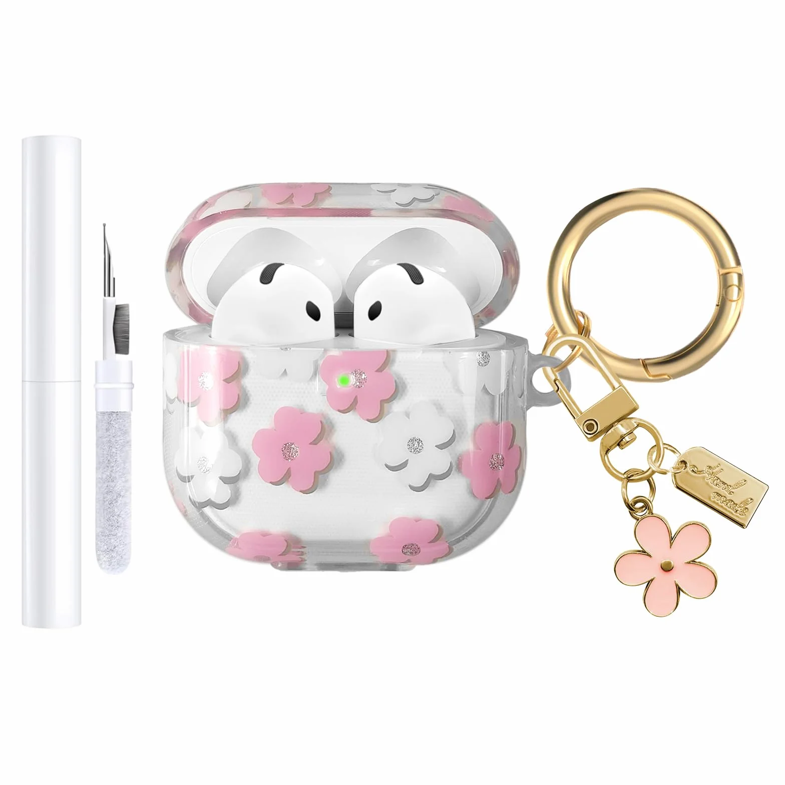 Coque AirPods 4 2024 TPU Souple Motif Floral avec Porte-clés et Kit de Nettoyage Rose
