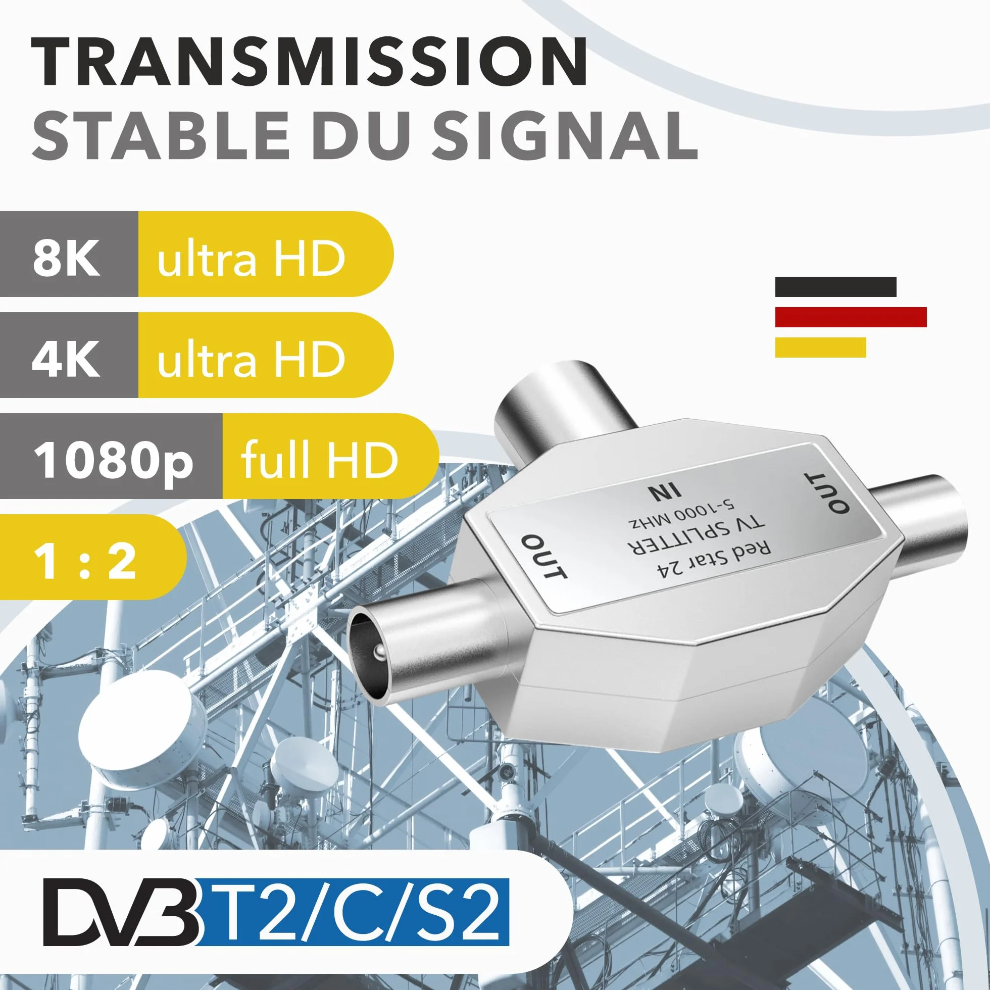 RedStar24 répartiteur d'antenne 2 voies T-Adapter Splitter TV DVB-T 5-1000 MHz