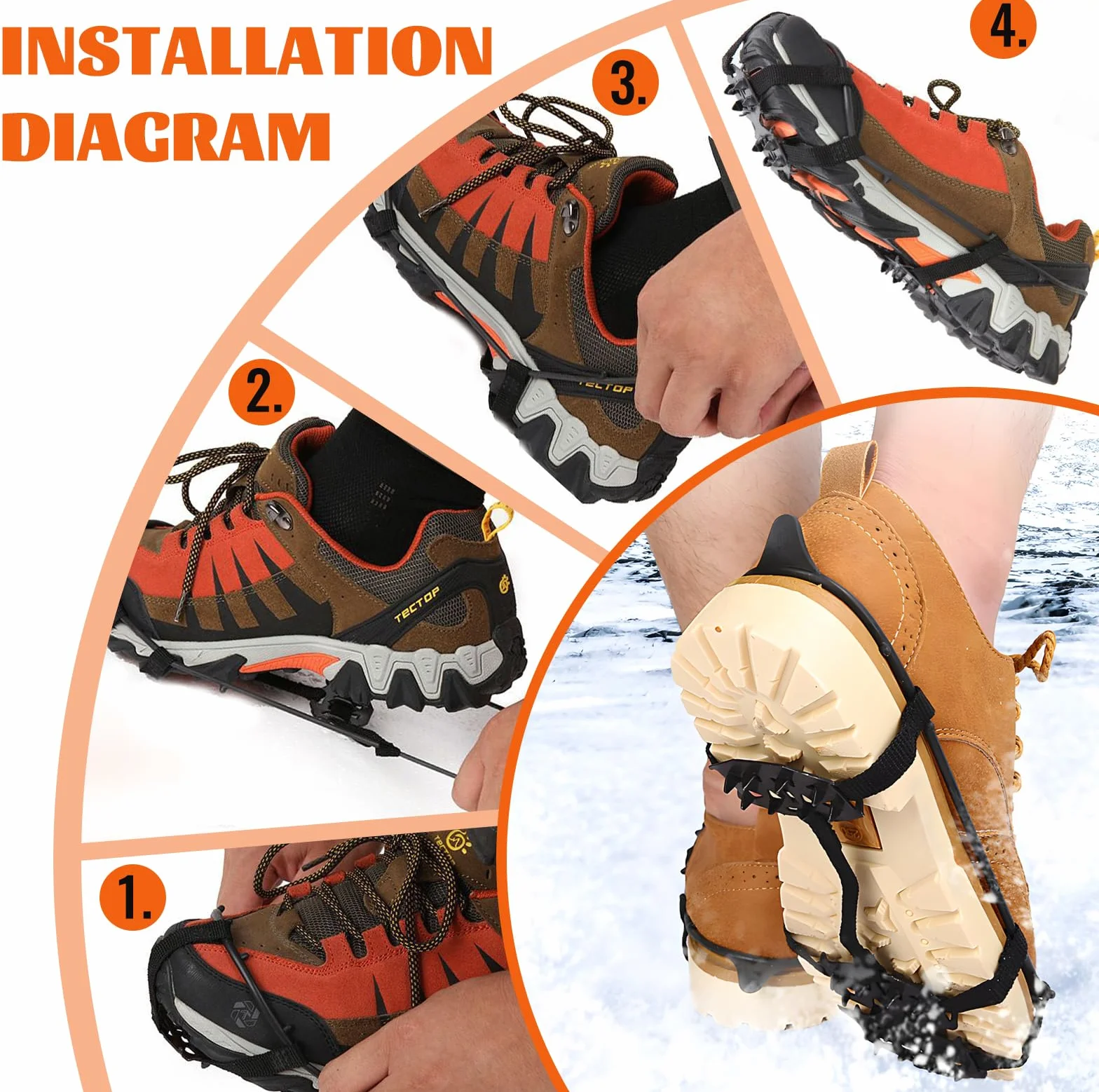 Crampons antidérapants pour chaussures de randonnée, lot de 2 paires, noir, taille L