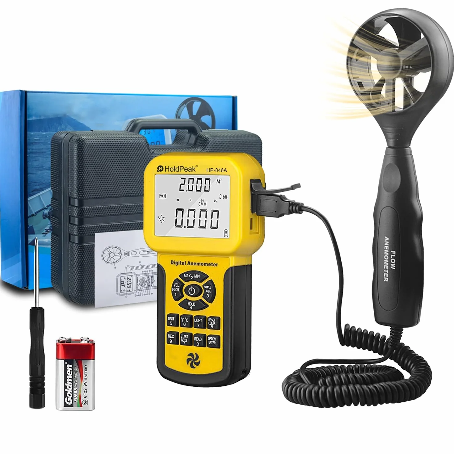 HOLDPEAK Anémomètre Numérique 846A CFM Mesure Vitesse du Vent Température Rétro-éclairage HVAC