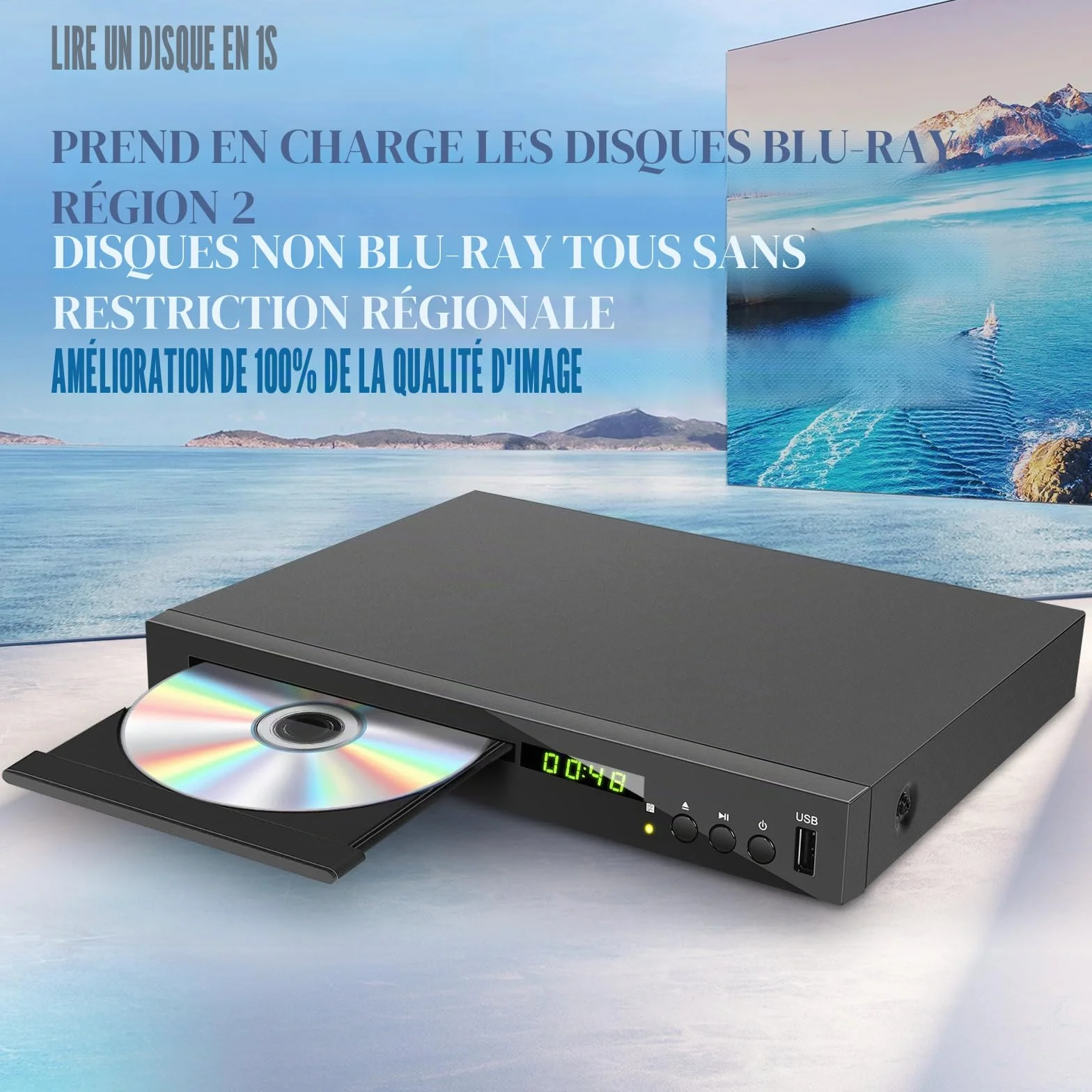 Lecteur Blu-Ray pour Téléviseur (Région 2), Compact Lecteur CD DVD Multizone avec Sortie Coaxiale AV HDMI Entrée USB, Prise en Charge clé USB, Lecture des Disques Blu-Ray de la Région 2
