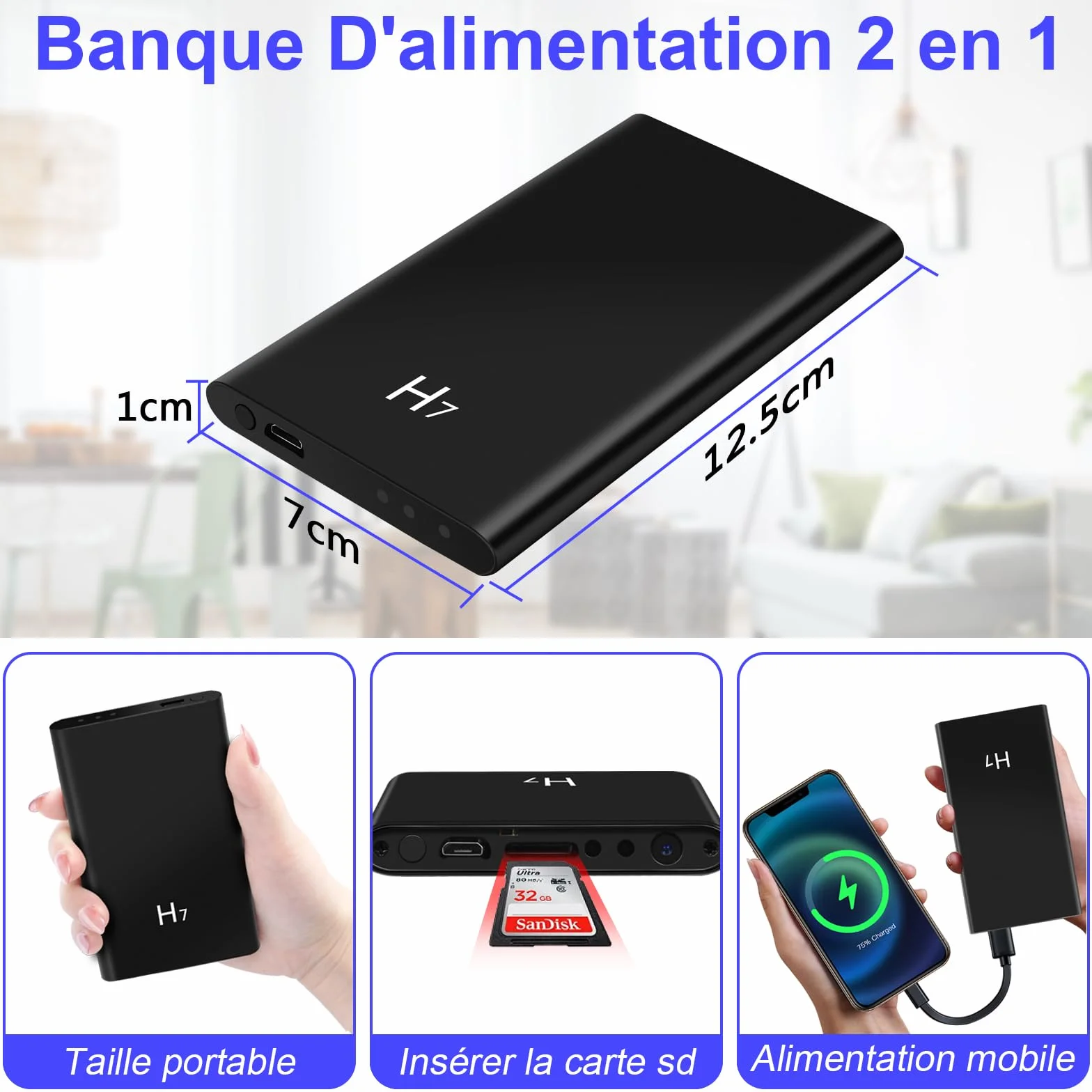 Caméra Cachée, Minicaméra Espion avec 5000mAh d'alimentation Mobile, Caméra Cachée Espion HD 1080P avec Vision Nocturne et Enregistrement en Boucle, Inclus Câble USB 3 en 1