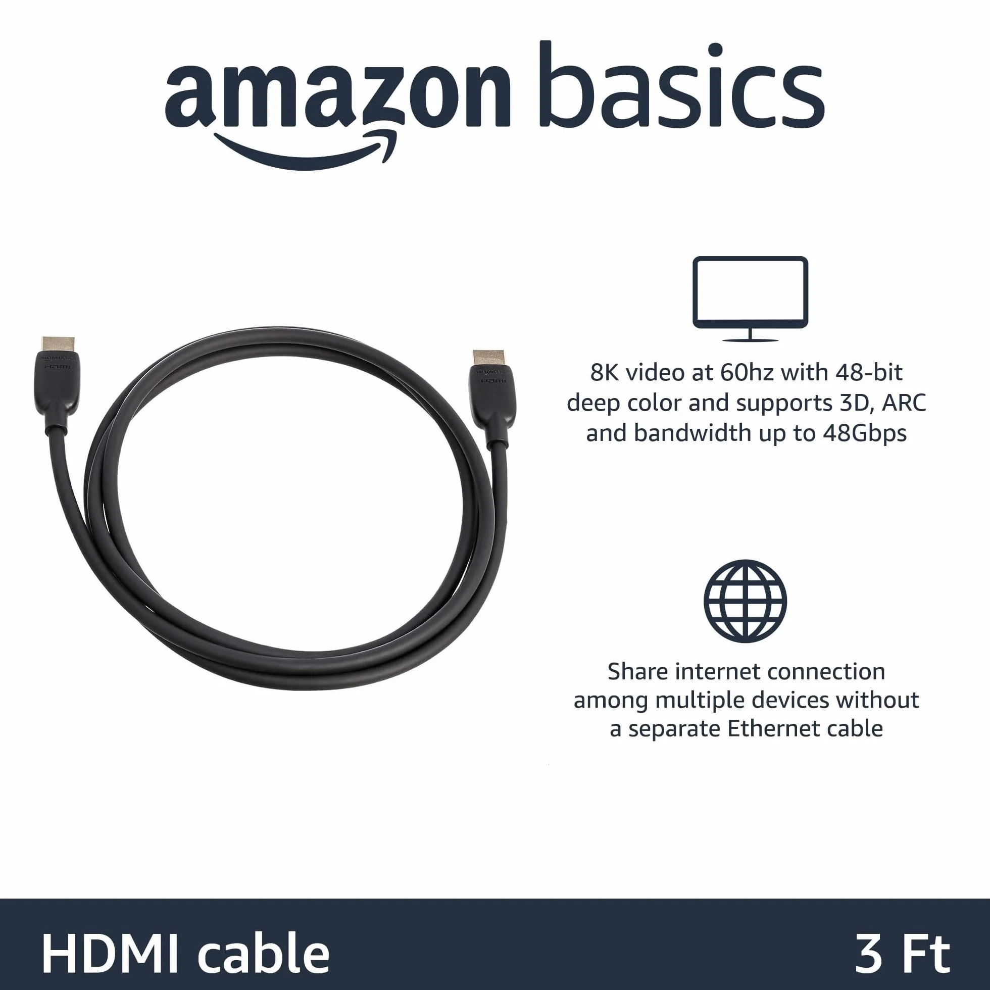Amazon Basics Câble HDMI, certifié Ultra-Haut débit 48 Go/s, 8K@60Hz, 4K@120Hz, fiches plaquées Or, Compatible Ethernet, 0.9 m, Noir