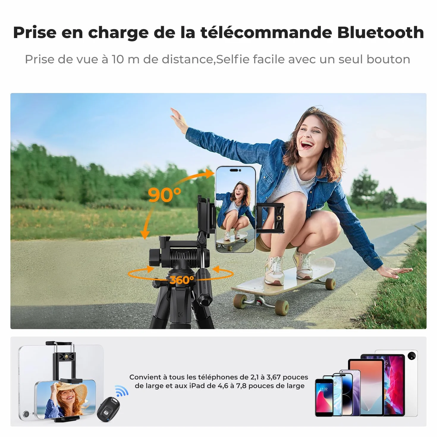 Trépied Appareil Photo pour Smartphone 190cm, K&F CONCEPT S255A3+BV01 Trépied Caméra avec Clip de Téléphone, pour DSLR Nikon Canon Sony, iPhone, Samsung, Tête Pan Amovible, Télécommande Bluetooth