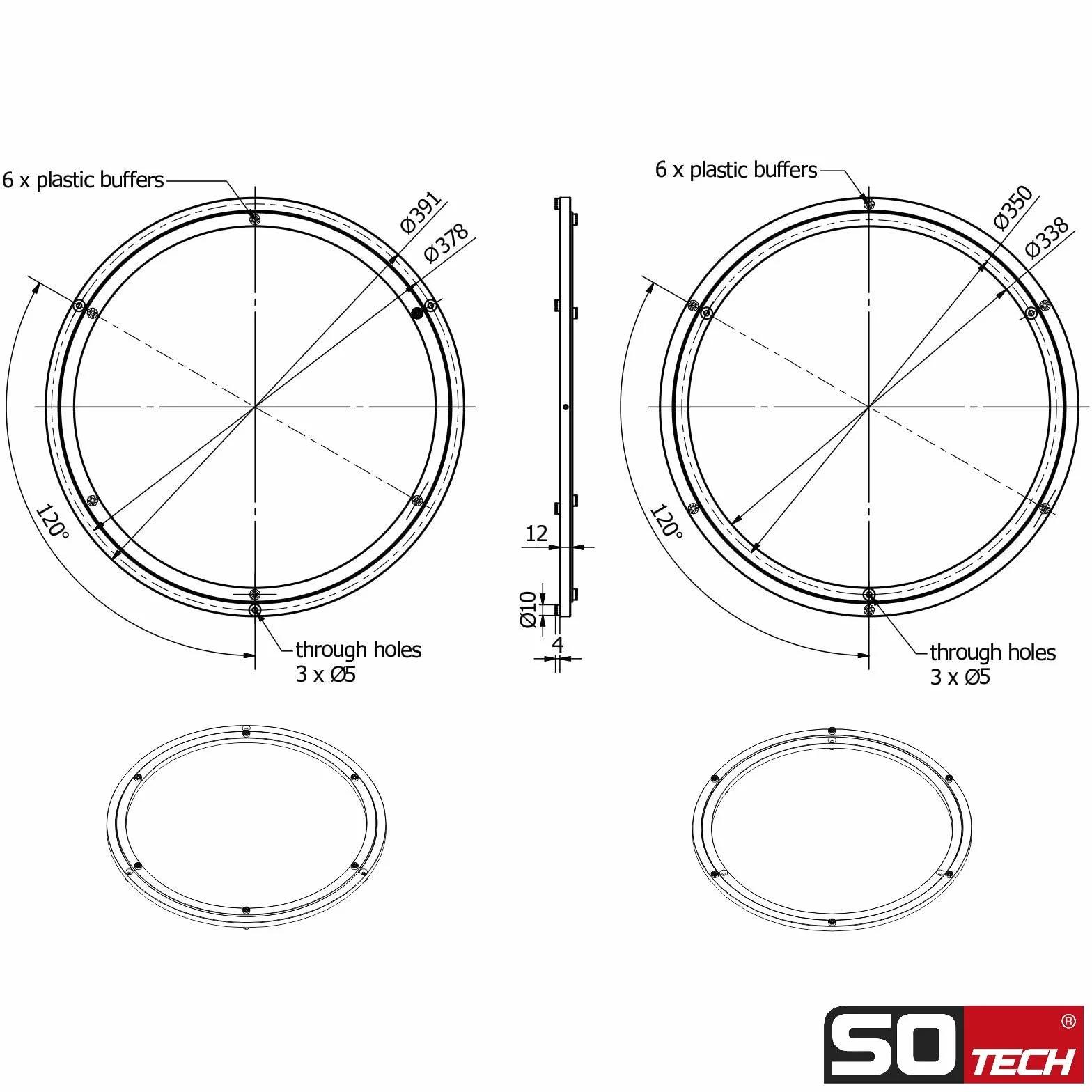 Couronne tournante en aluminium noir Ø 391 mm, charge maximale 100 kg, anneau de rotation robuste, sur roulement à billes, inoxydable Plateau tournant pour table tournante
