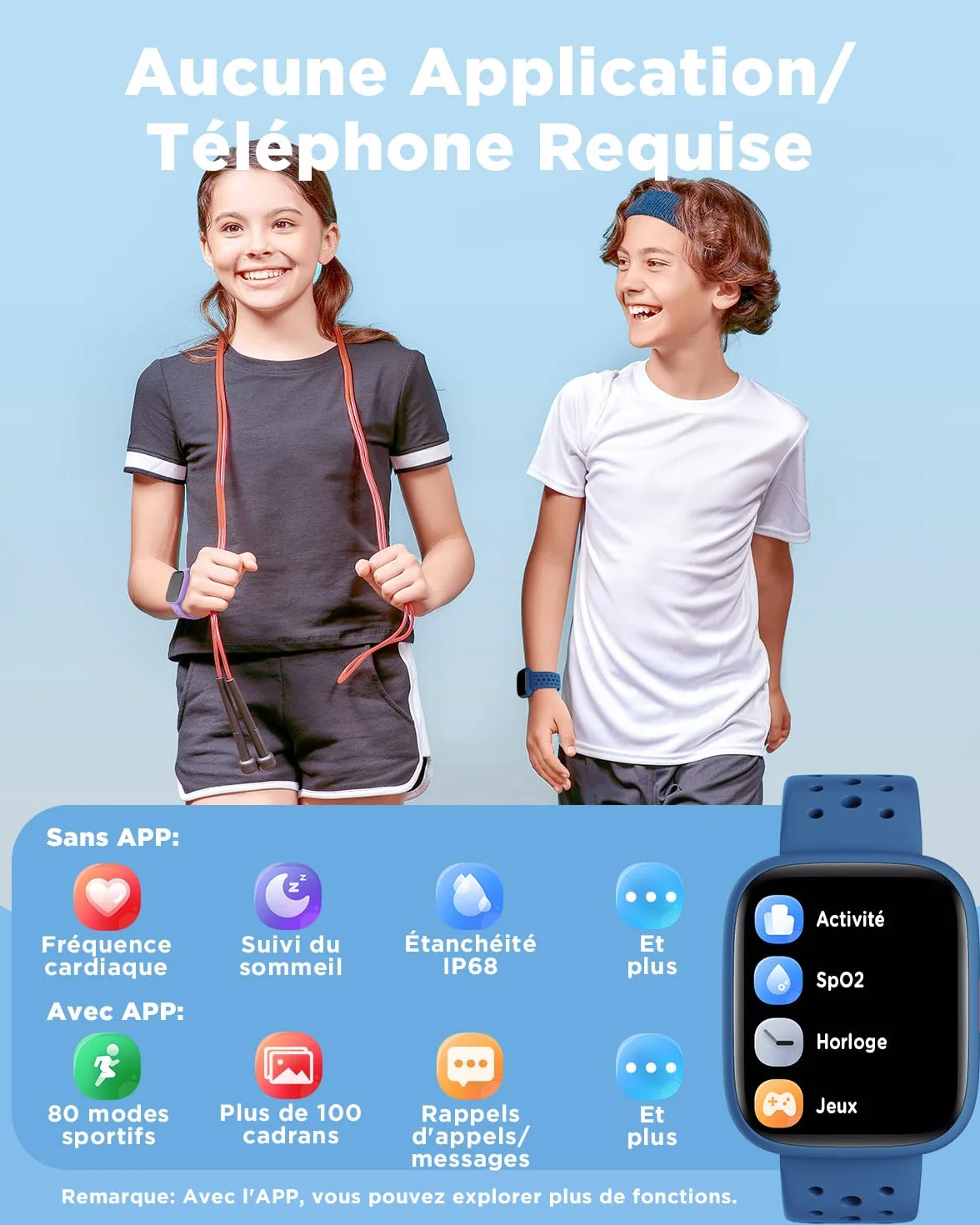 BIGGERFIVE Montre Enfant IP68 Étanche 1,8" Smartwatch Podomètre Cardiofrequencemètre Moniteur de Sommeil Bleu