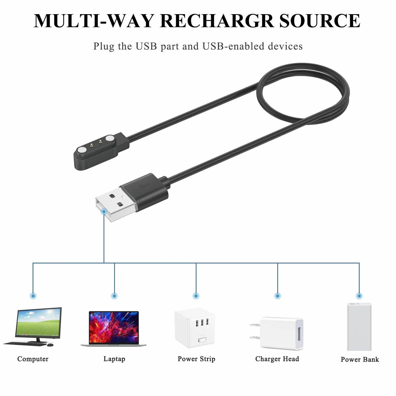 Amzpas Chargeur Montre Connectée, Câble USB 2 Broches de Charge Magnétique pour Smartwatch, Câble de Recharge pour Montre Intelligente Universel, Espacement des Contacts du Chargeur 4mm (USB 60cm)