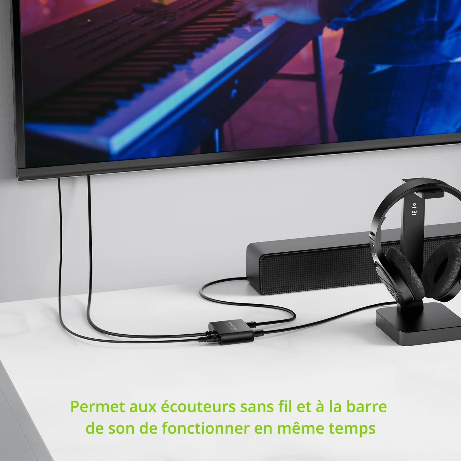 LiNKFOR Répartiteur Optique Toslink 1 Entrée 2 Sorties Câble Intégré 1m Actif avec Alimentation USB Chipset Stable Support LPCM/DTS/Dolby Digital Transmission 40m Pour Barre de Son et Casque Sans Fil