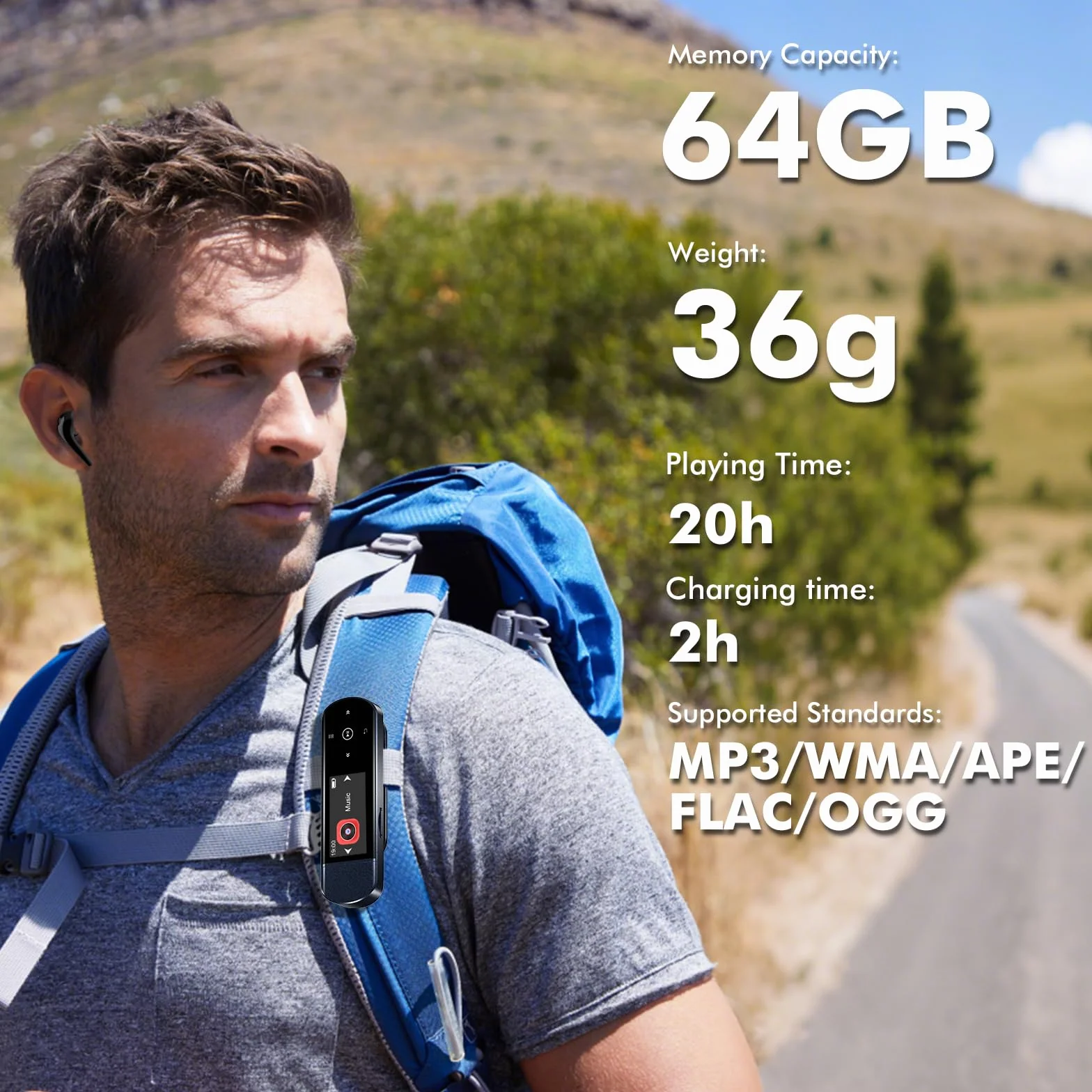 Lecteur MP3 Bluetooth 5.3 64Go USB Portable avec Clip Sport, Radio FM, Enregistreur Vocal