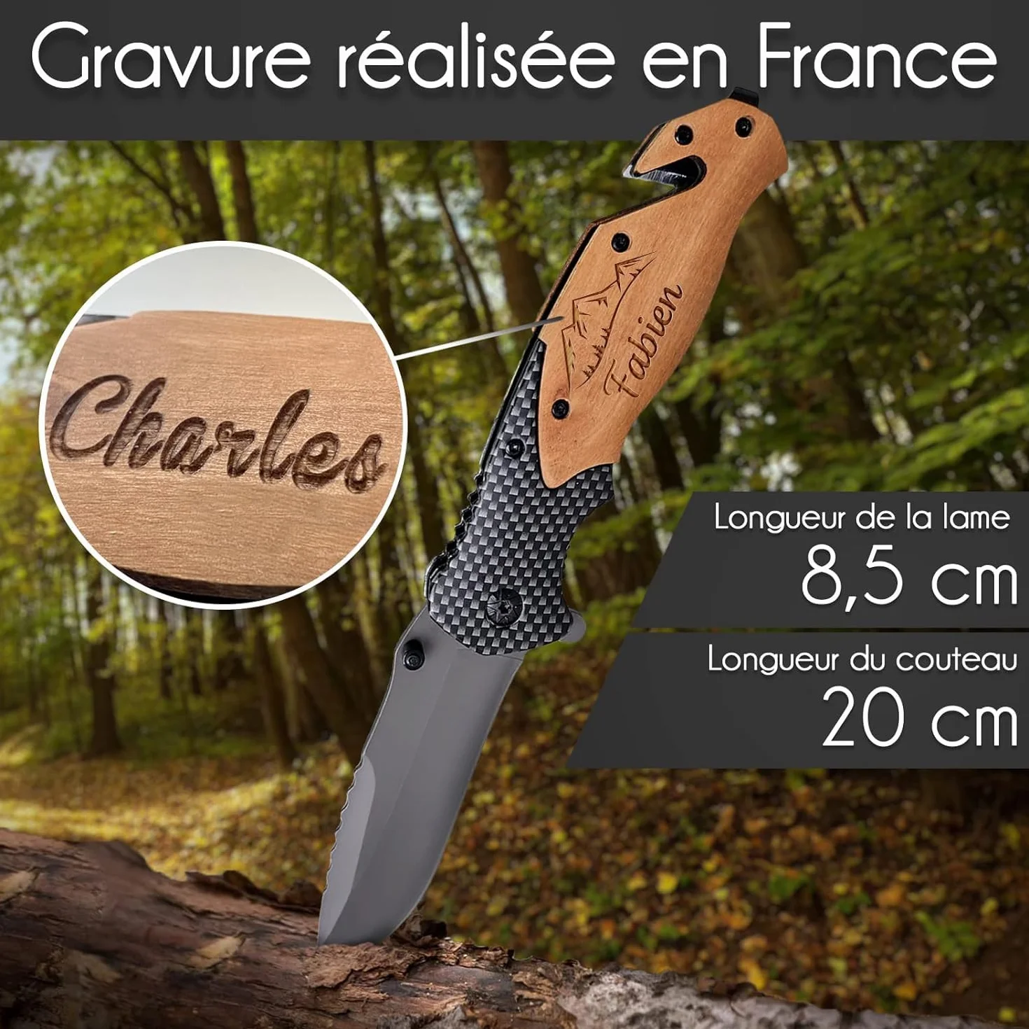 Couteau de survie personnalisé gravé avec prénom - Lame sécurité personnalisable - Manche en bois - Effet carbone - Cadeau Saint-Valentin homme