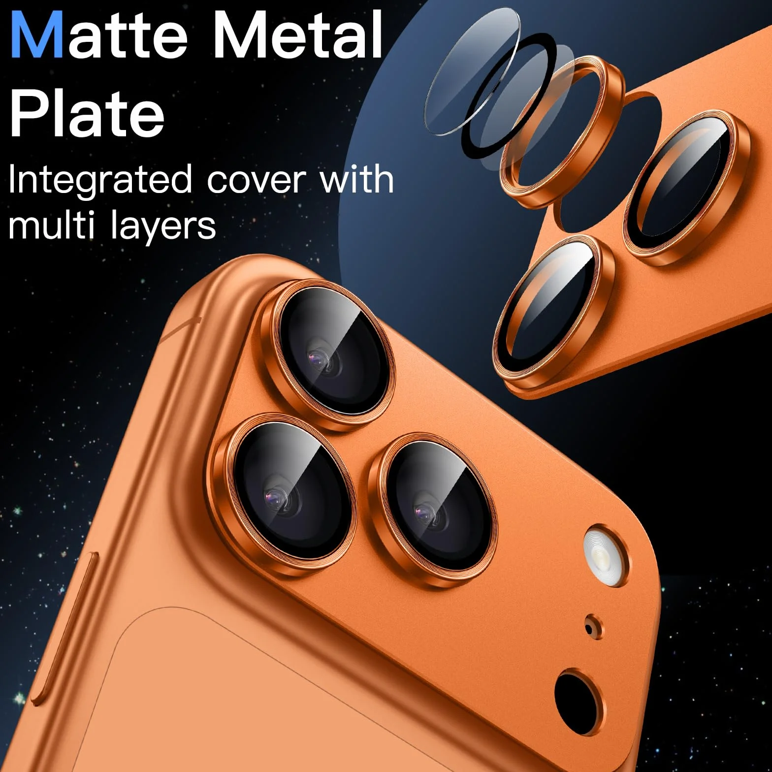 JETech Protecteur d'Objectif de Caméra pour iPhone 17 Pro Max 6,9 Pouces, Couverture Complète en Verre Trempé 9H Anneau, Plaque Métallique Mat, Compatible avec la Coque, Lot de 1 (Orange)
